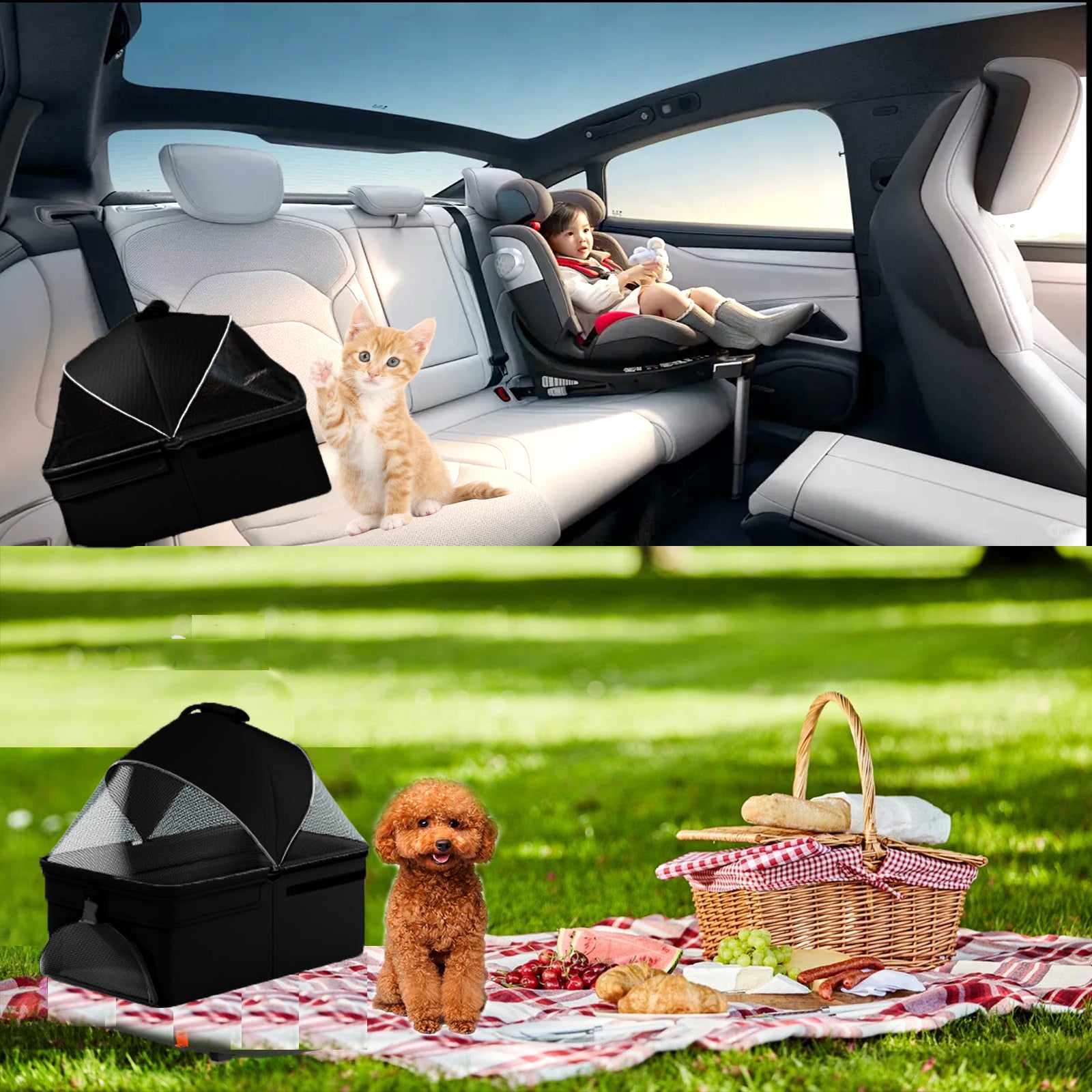 2 in 1 Folding Dog/Cat Puppy 4 Wheels Stroller w/Removable Travel Carrier for Small/Medium Pet, Waterproof Pad, Car Seat, Sun Shade