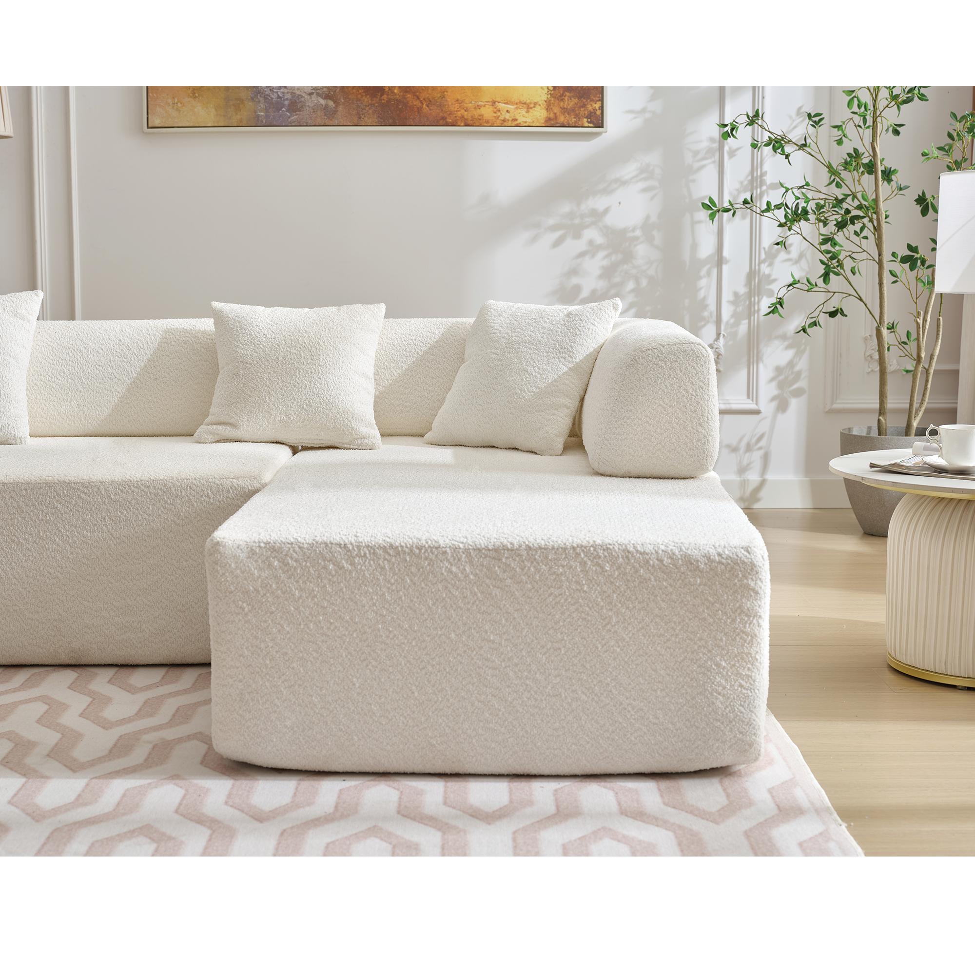 Modern Minimalist 140" L-Shape Couch, No Assembly Required - Boucle-White