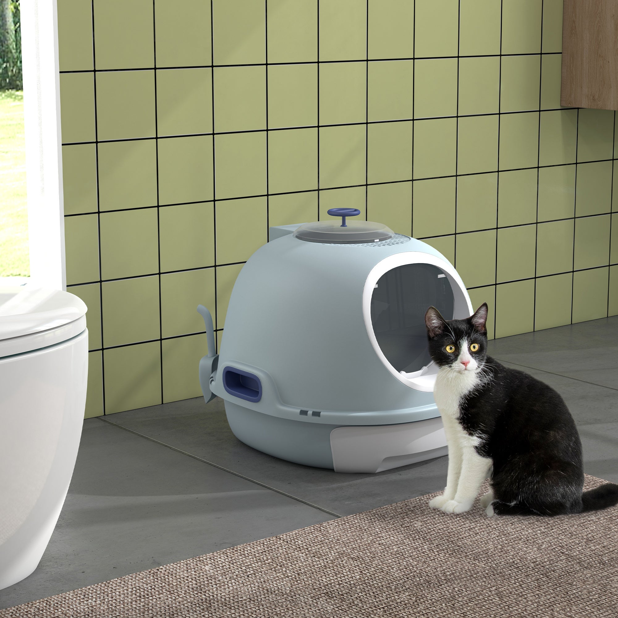 Covered Litter Box, Litter Box with a Lid, Scoop Enclosed Drawer & Skylight for Cats -Blue