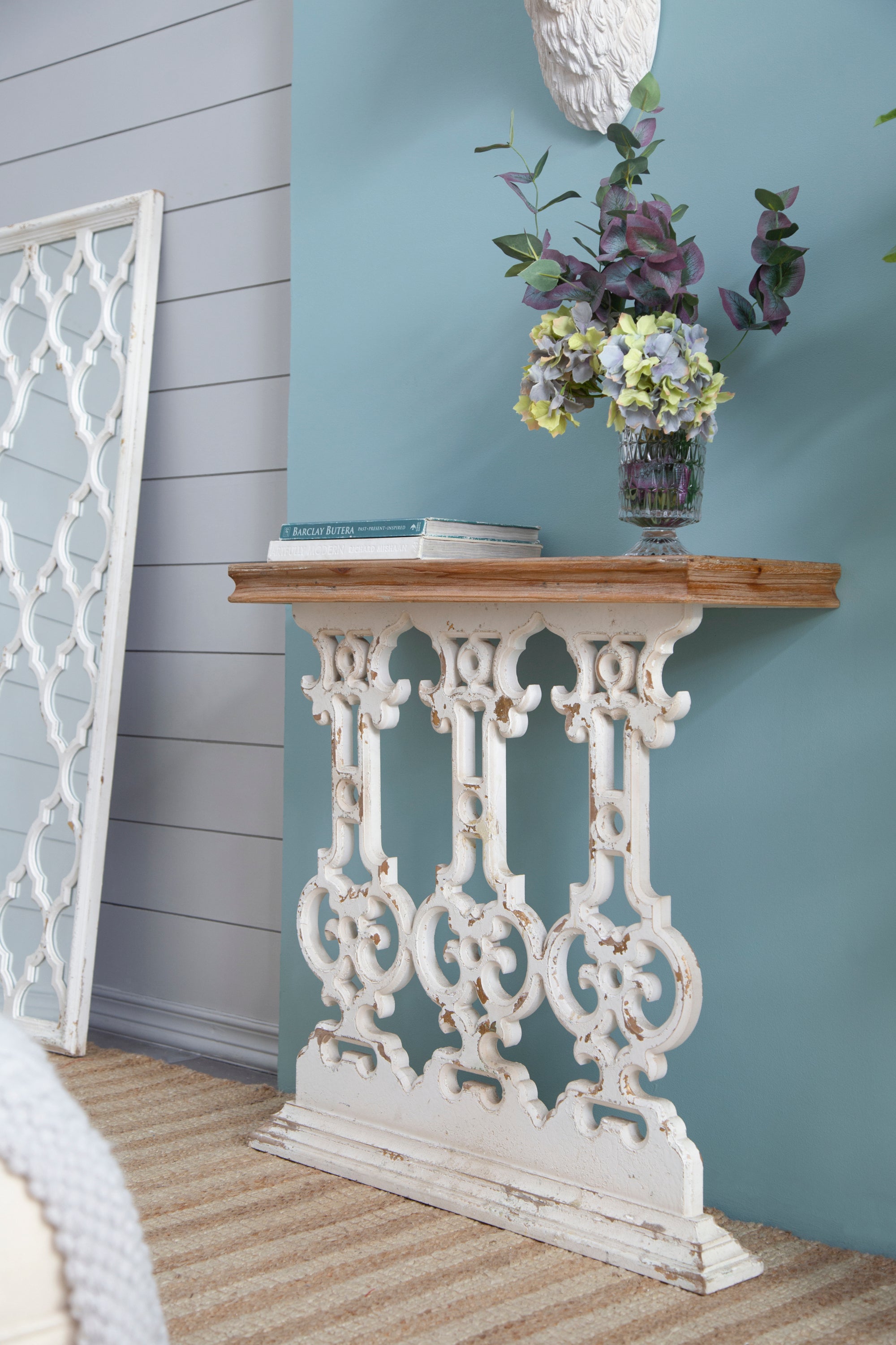 Classic Vintage White Wash Console Table with Brown Wood Top 32"x12"x32"