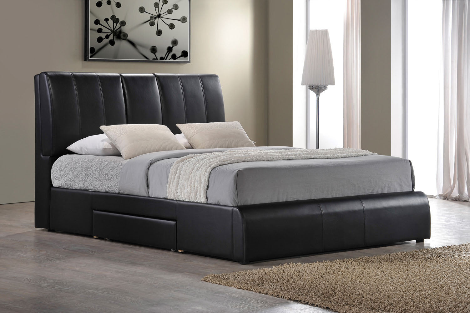 Modern Eastern King Bed - Black PU