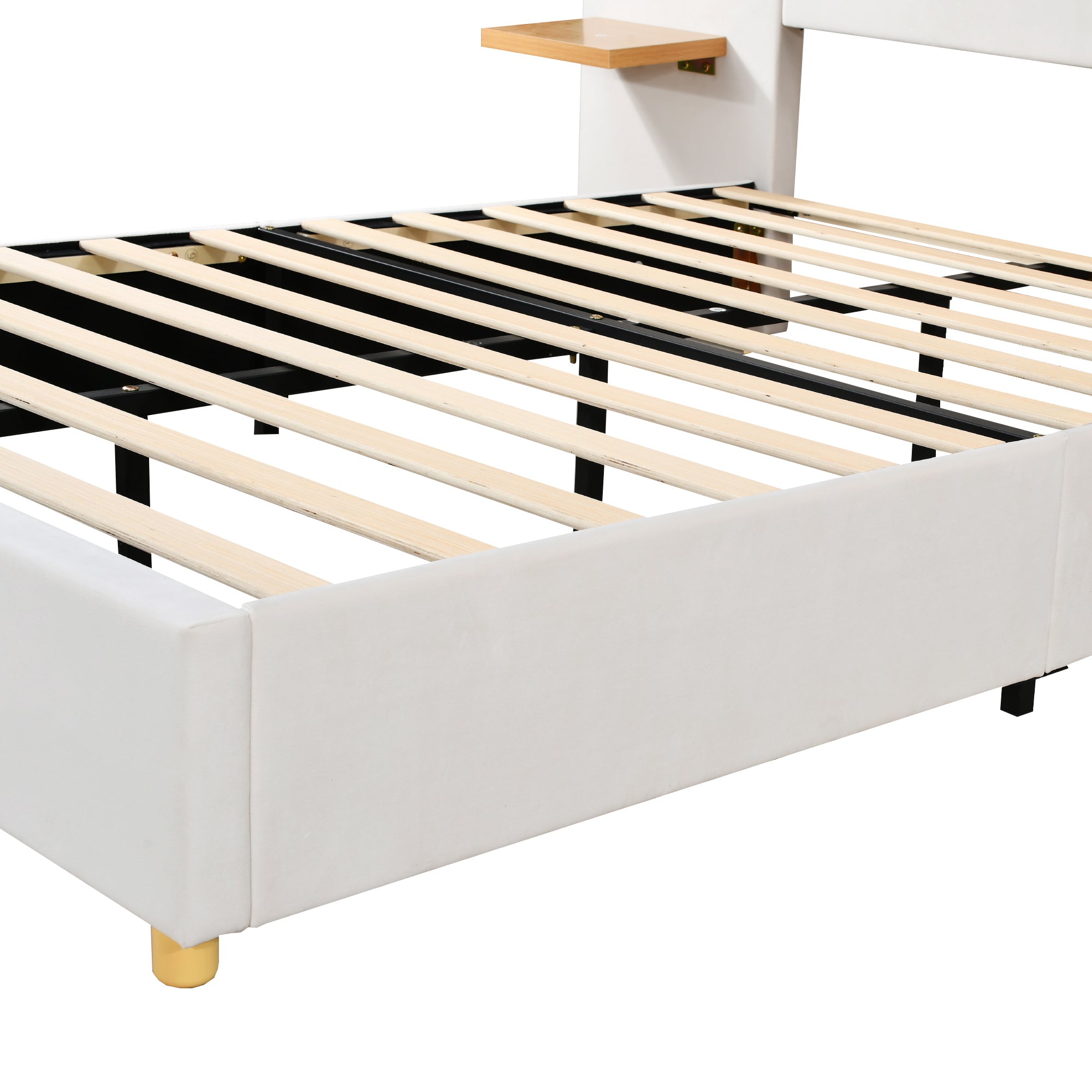 Full Size Upholstered Platform Bed, Two Outlets and USB Charging Ports on Both Sides, Two Bedside Pillows, Storage Shelves,Velvet - Beige