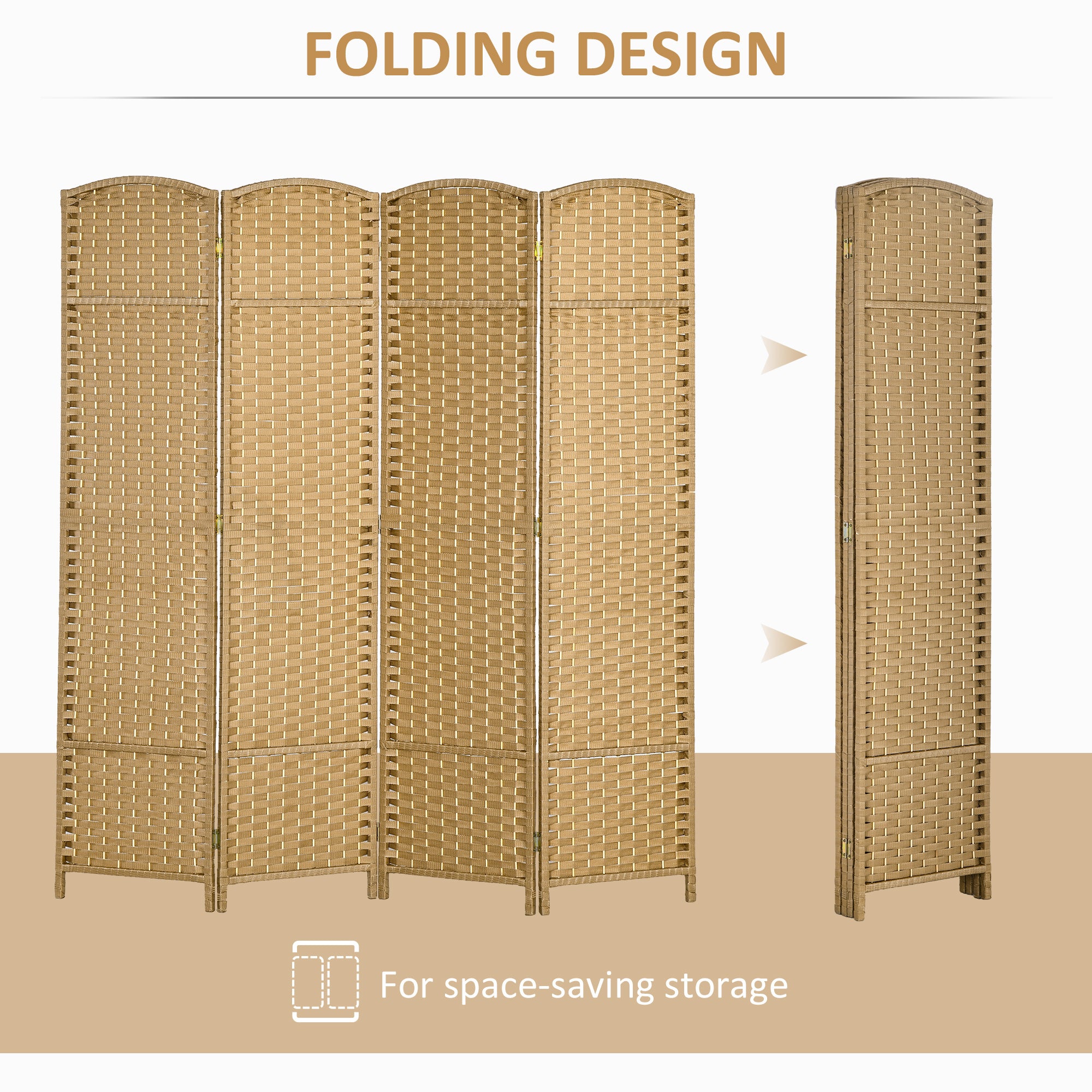 4 Panel Folding Privacy Screen, 5.6' Tall Freestanding Wall Partition - Nature Wood