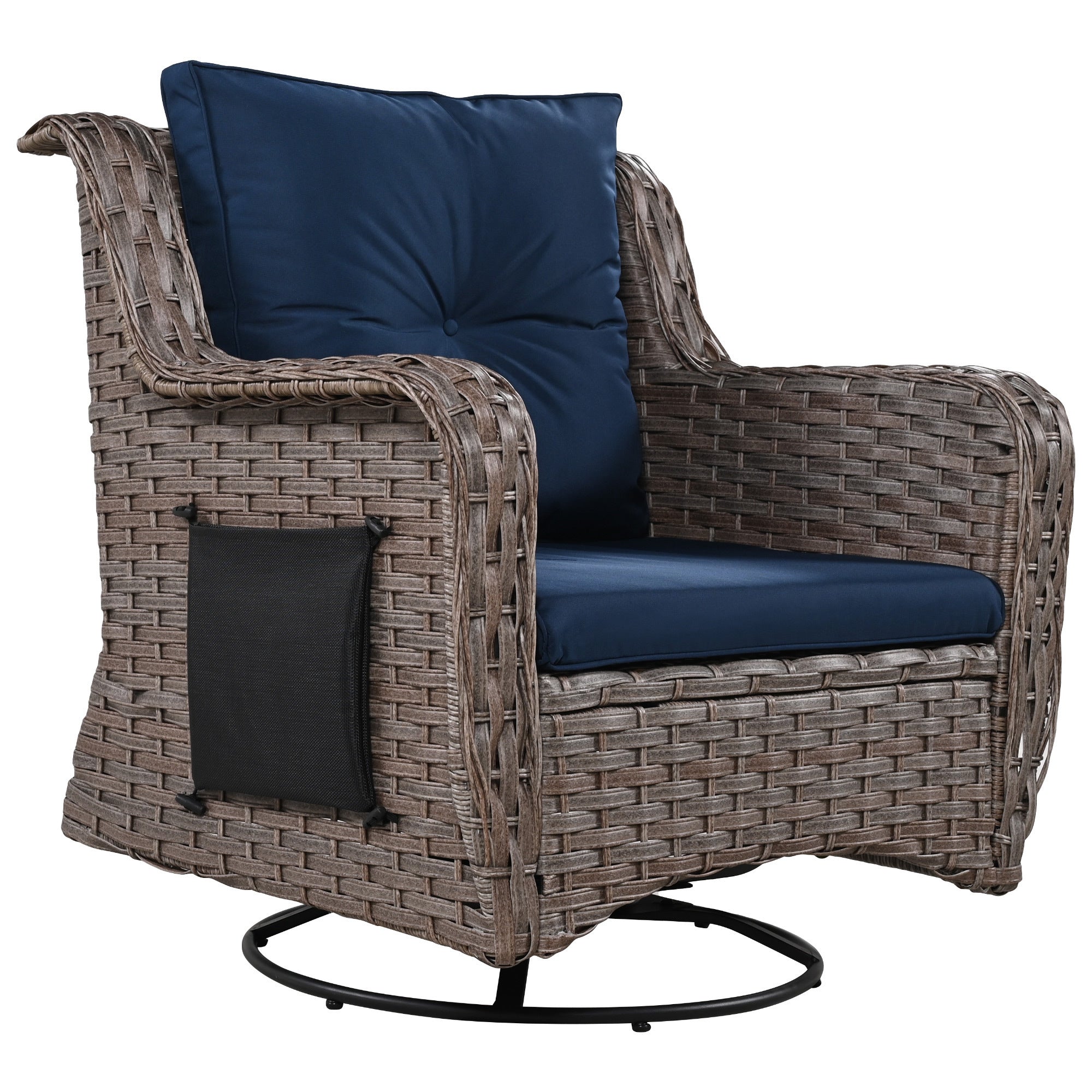 5 Pieces Outdoor Patio Furniture Set Retractable Side Tray, Rattan Wicker Patio Swivel Rocking Chairs Set of 2 with Ottomans - Navy Blue