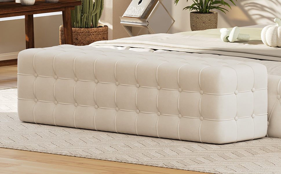 Elegant and Luxurious Velvet Ottoman Bench, Rectangular Footstool, No Assembly Required - White