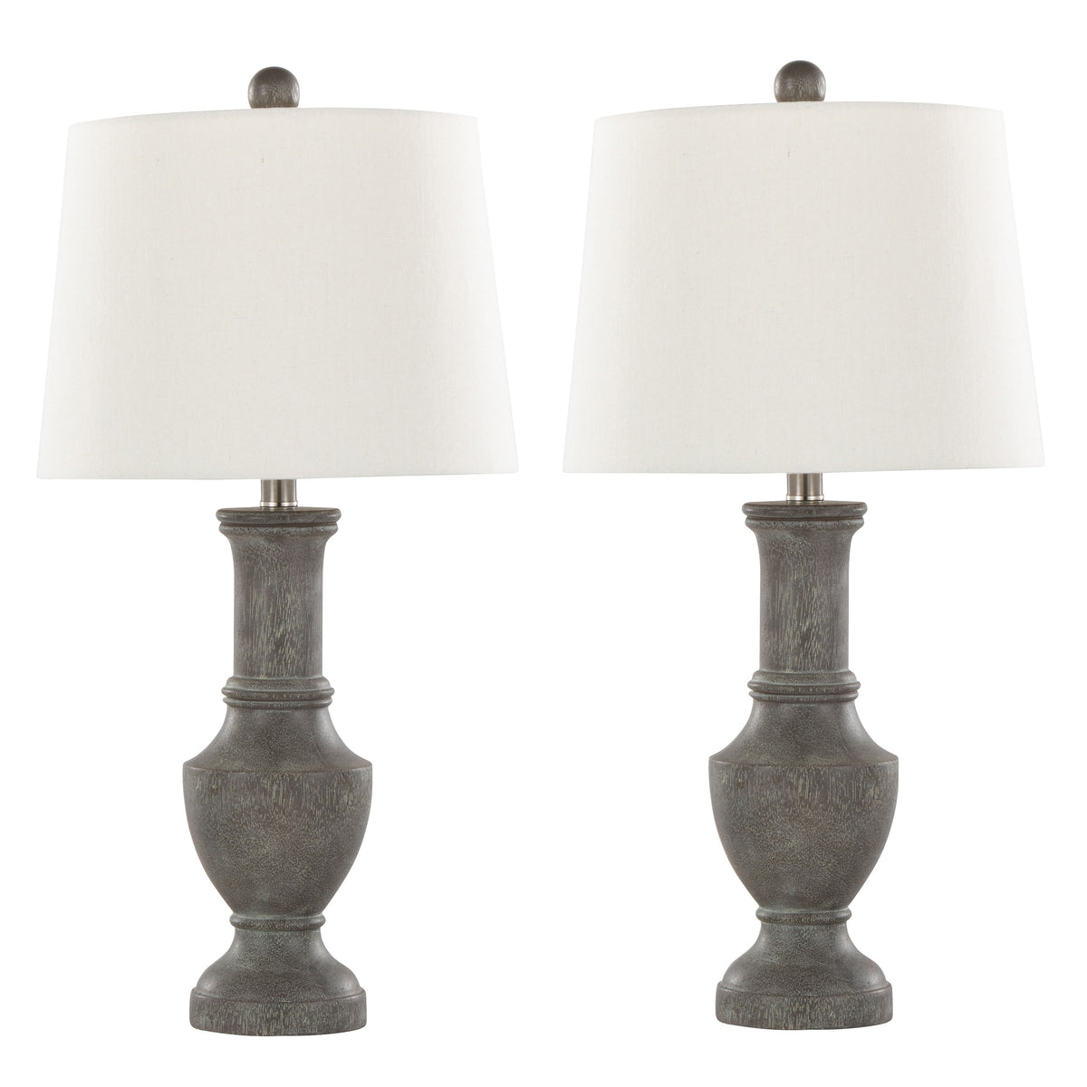 26" Contemporary Table Lamp in Acid Griffin Wood Polyresin, Brushed Nickel and White Linen Shade - Set of 2