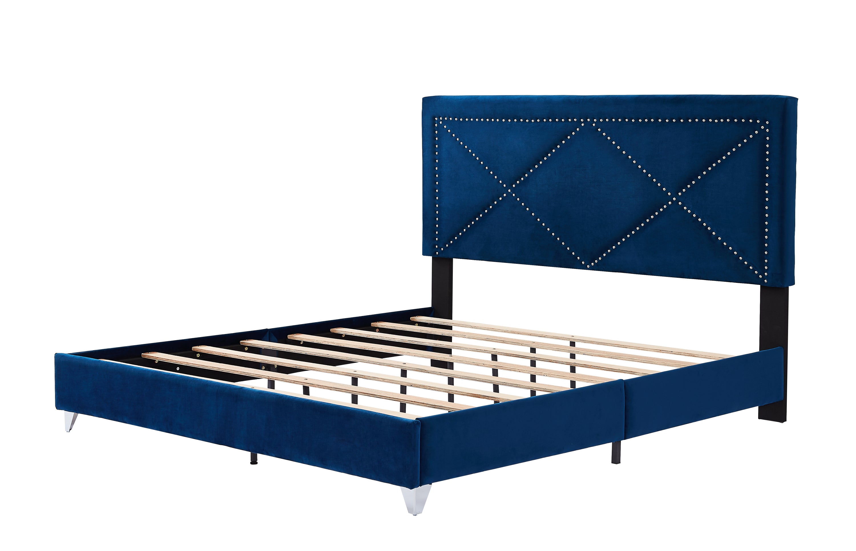 King Bed with Beautiful Brass Studs Adorn - Blue