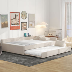 Full Size Upholstered Platform Bed with USB and Twin Size Trundle - Beige