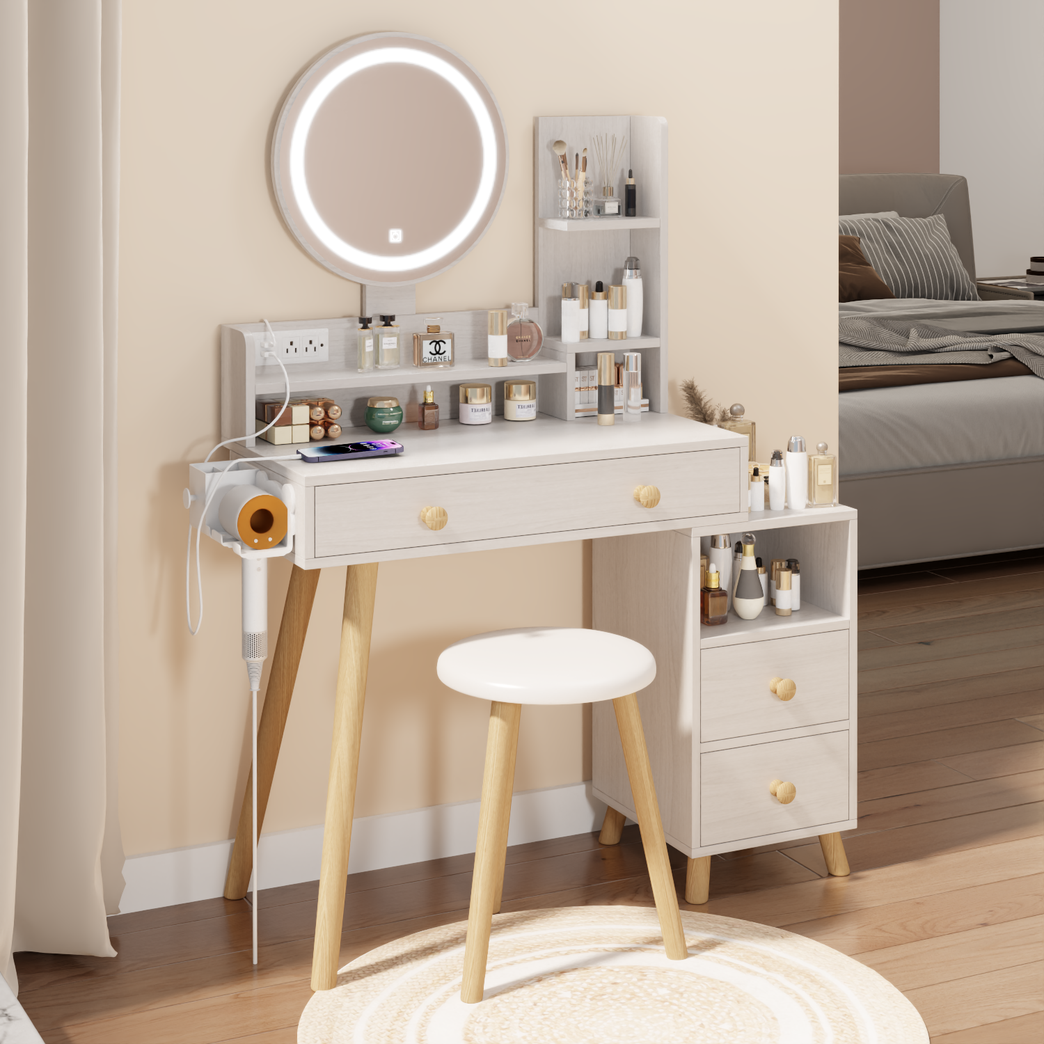 Round Mirror Bedside Cabinet Vanity Table + Cushioned Stool, With 2 AC Power + 2 USB socket, 17" diameter LED Mirror, Touch Control, 3-color, Brightness adjustable, Large desktop, Multi-layer Storage