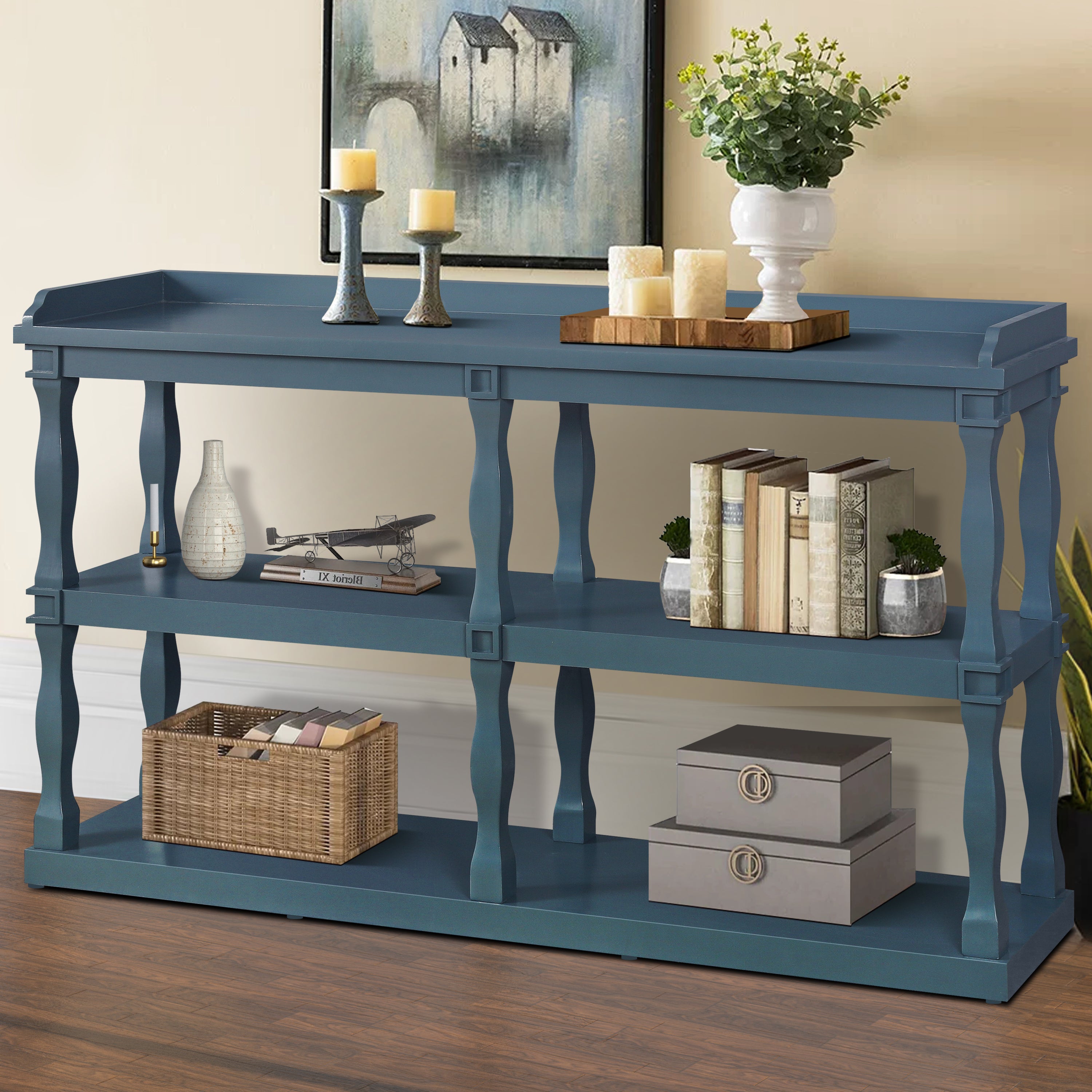 Console Table with 3-Tier Open Storage Spaces And Roman Column Effect Support Legs - Navy Blue