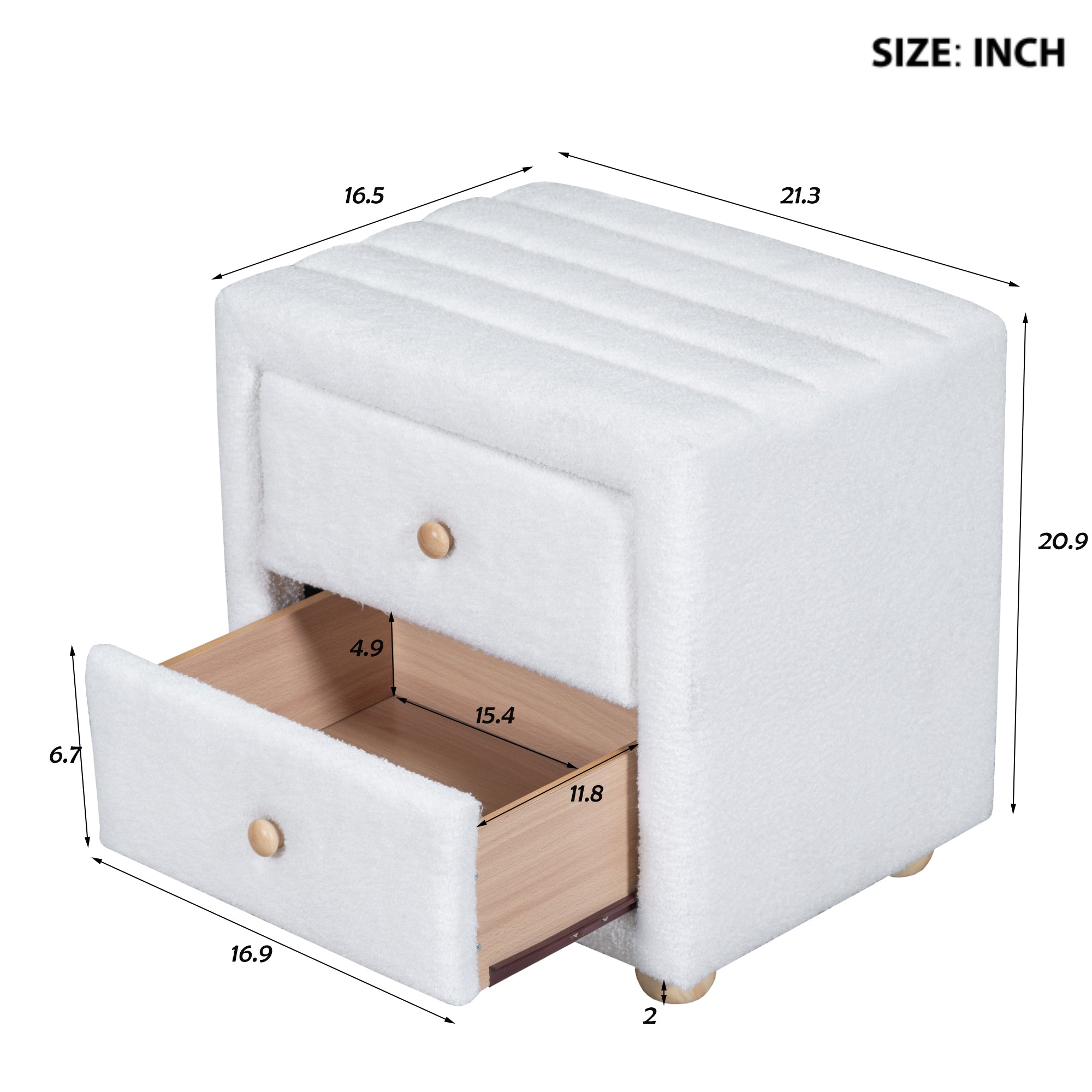 Teddy Fleece Nightstand with 2 Drawers - White