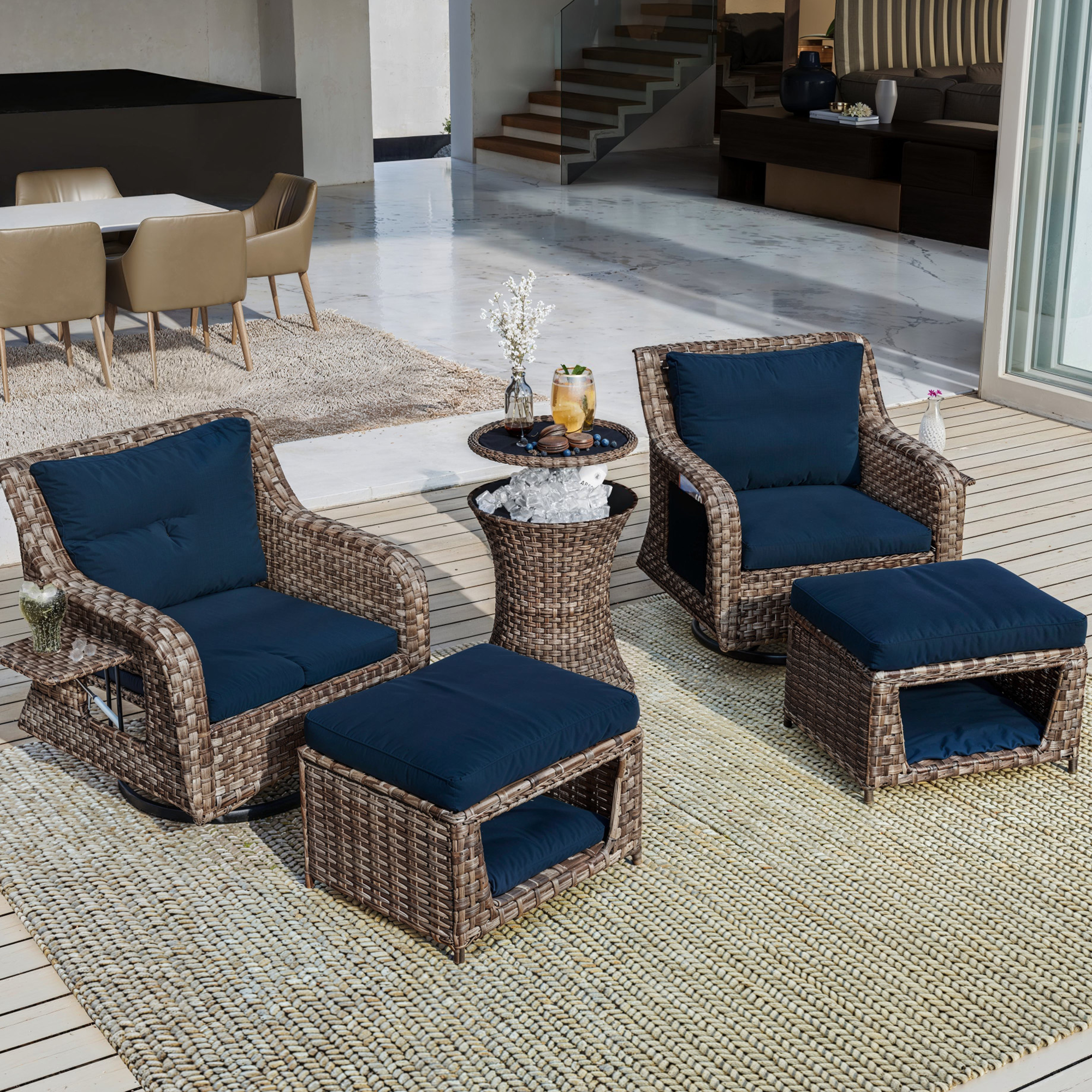 5 Pieces Outdoor Patio Furniture Set Retractable Side Tray, Rattan Wicker Patio Swivel Rocking Chairs Set of 2 with Ottomans - Navy Blue