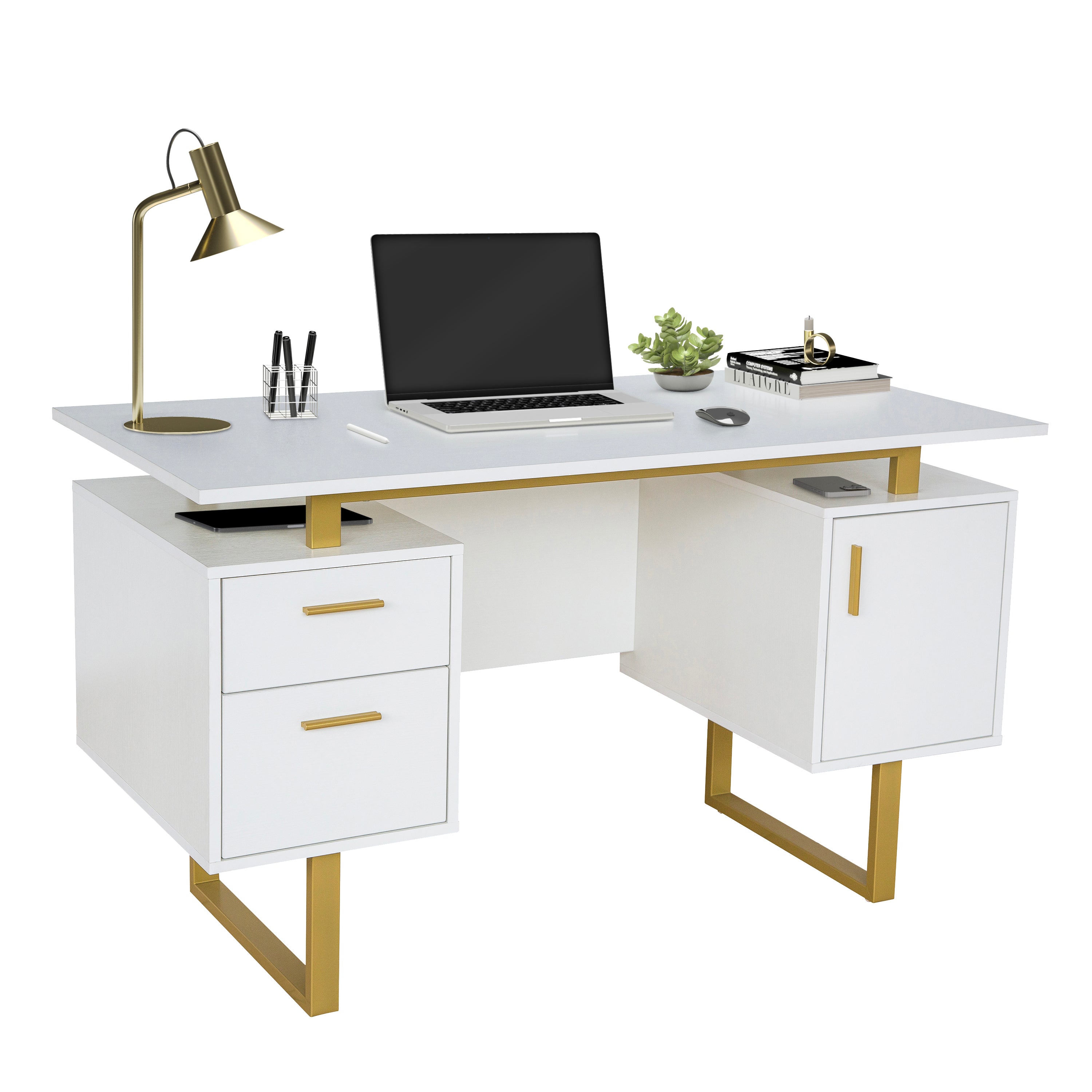 Techni White and Gold Desk for Office with Drawers & Storage, 51.25 in. W