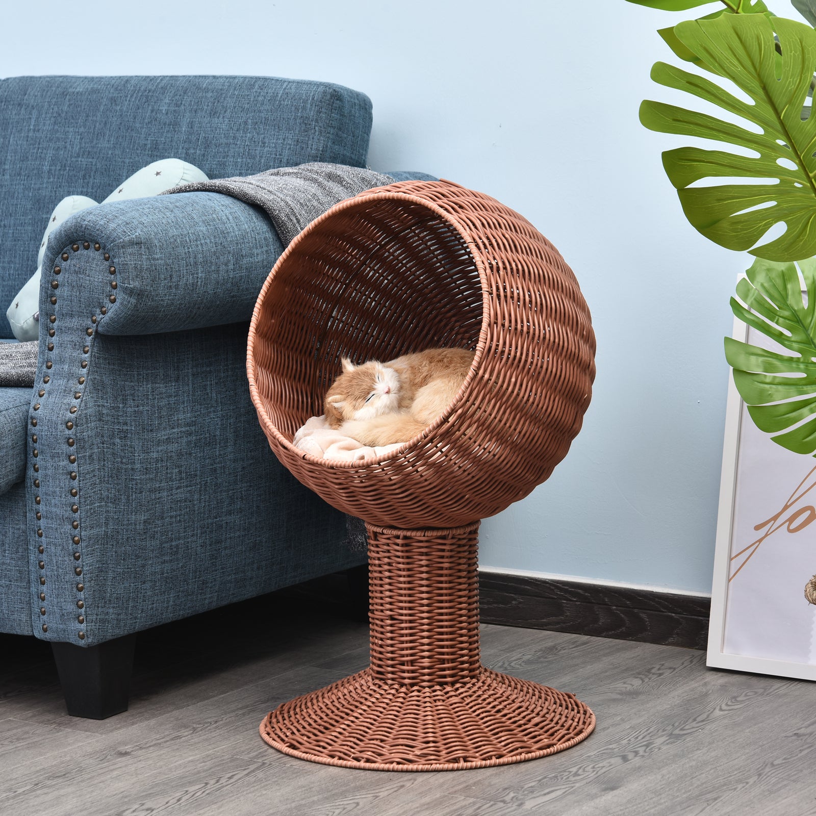 Cat Basket Bed with Thick Cushion, Elevated Bed with Rotatable Egg Chair Pod - Natural Mat Grass Woven Kitty House, Brown