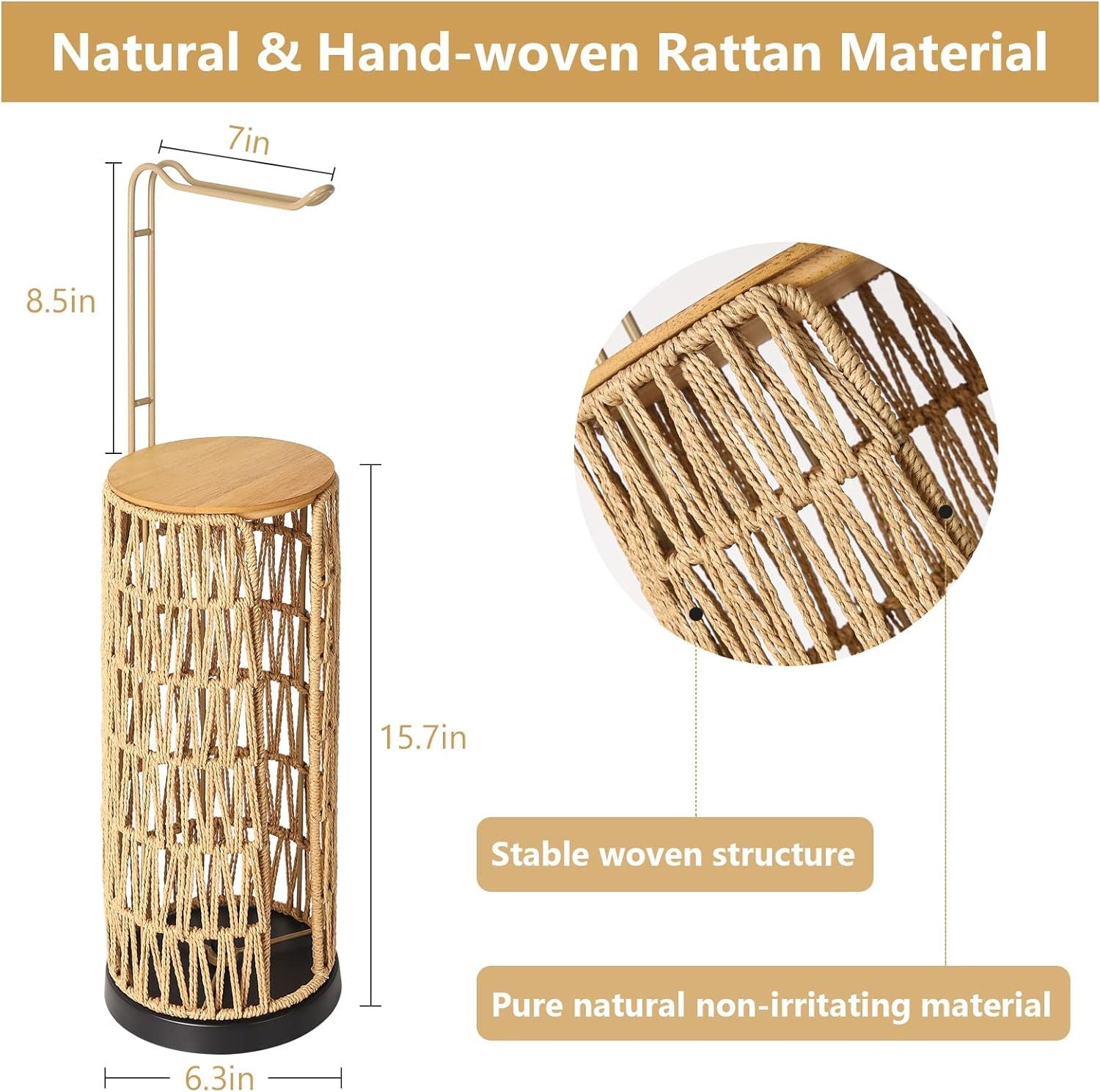 3 Rolls of Tissue Holder, Handmade Woven Toilet Paper Roll Holder Stand, Rattan Sturdy Boho Bathroom Decor Farmhouse