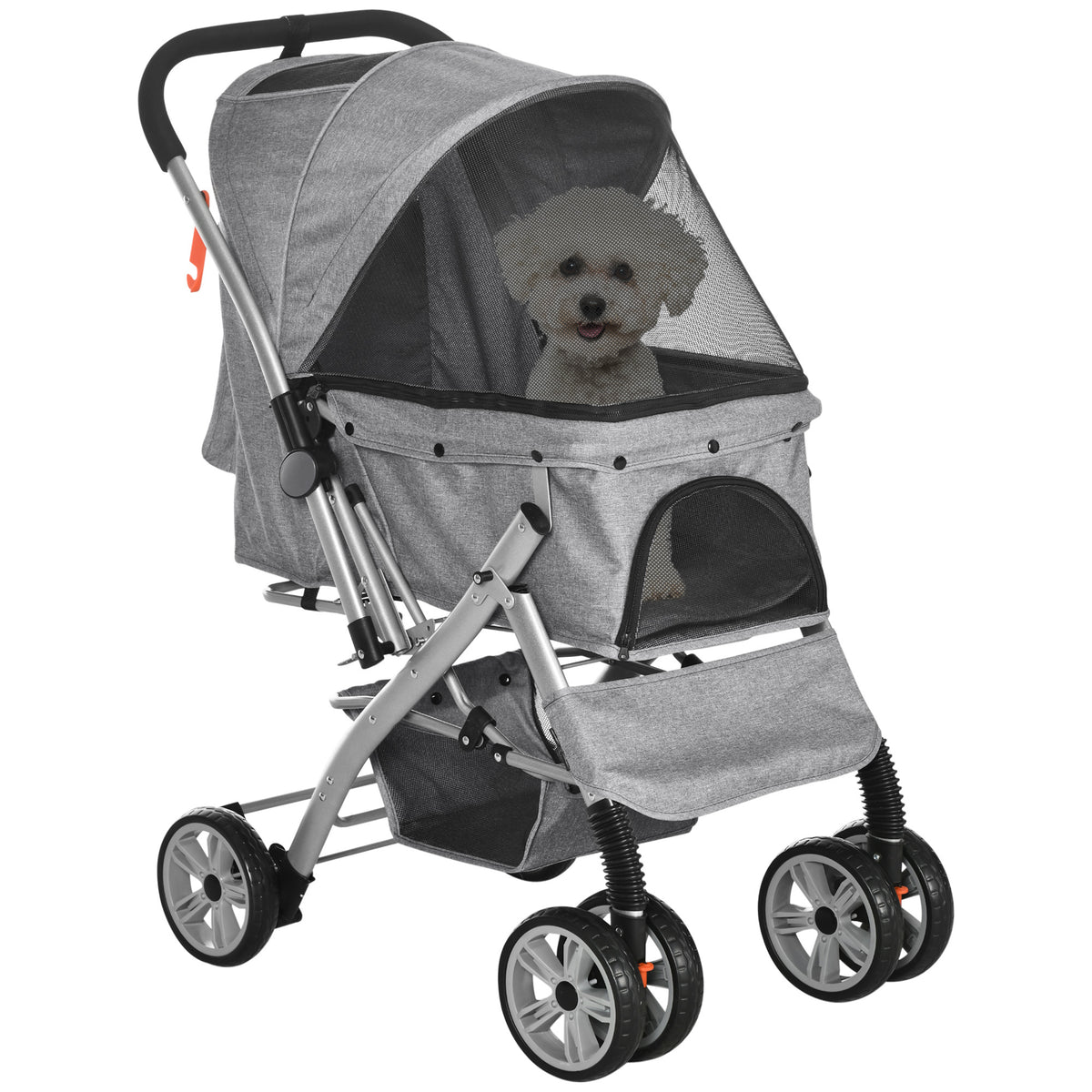 PawHut Travel Pet Stroller for Dogs, Cats, One-Click Fold Jogger Pushchair with Swivel Wheels, Braket, Basket Storage, Safety Belts, Adjustable Canopy, Zippered Mesh Window Door, Grey