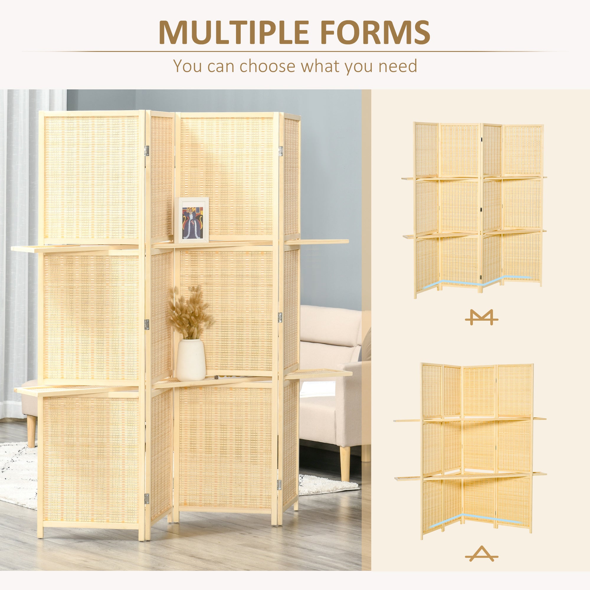 4-Panel Folding Room Divider, 6 Ft Freestanding Bamboo Privacy Screen Panel with Storage Shelves for Bedroom or Office, Natural Wood Color