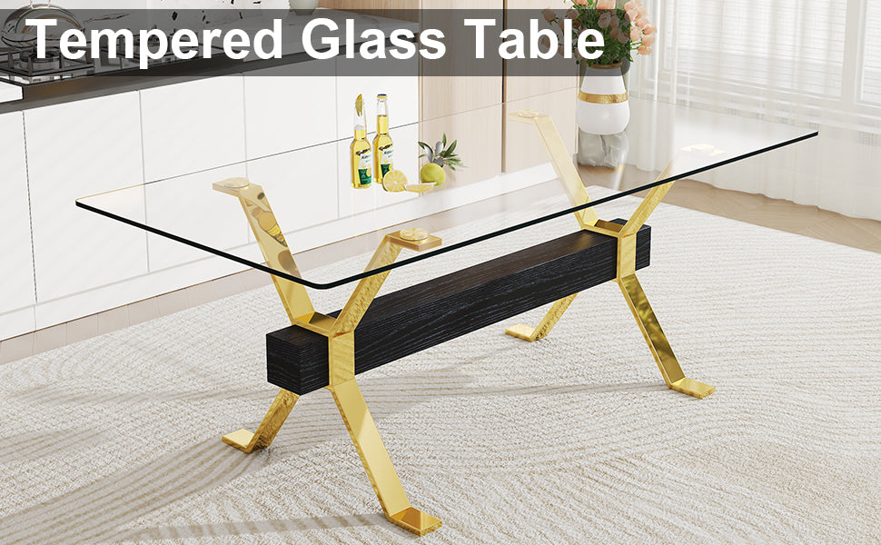 Modern And Luxurious Tempered Glass Rectangular Dining Table With 8 Black PU Gold Plated Leg Chairs