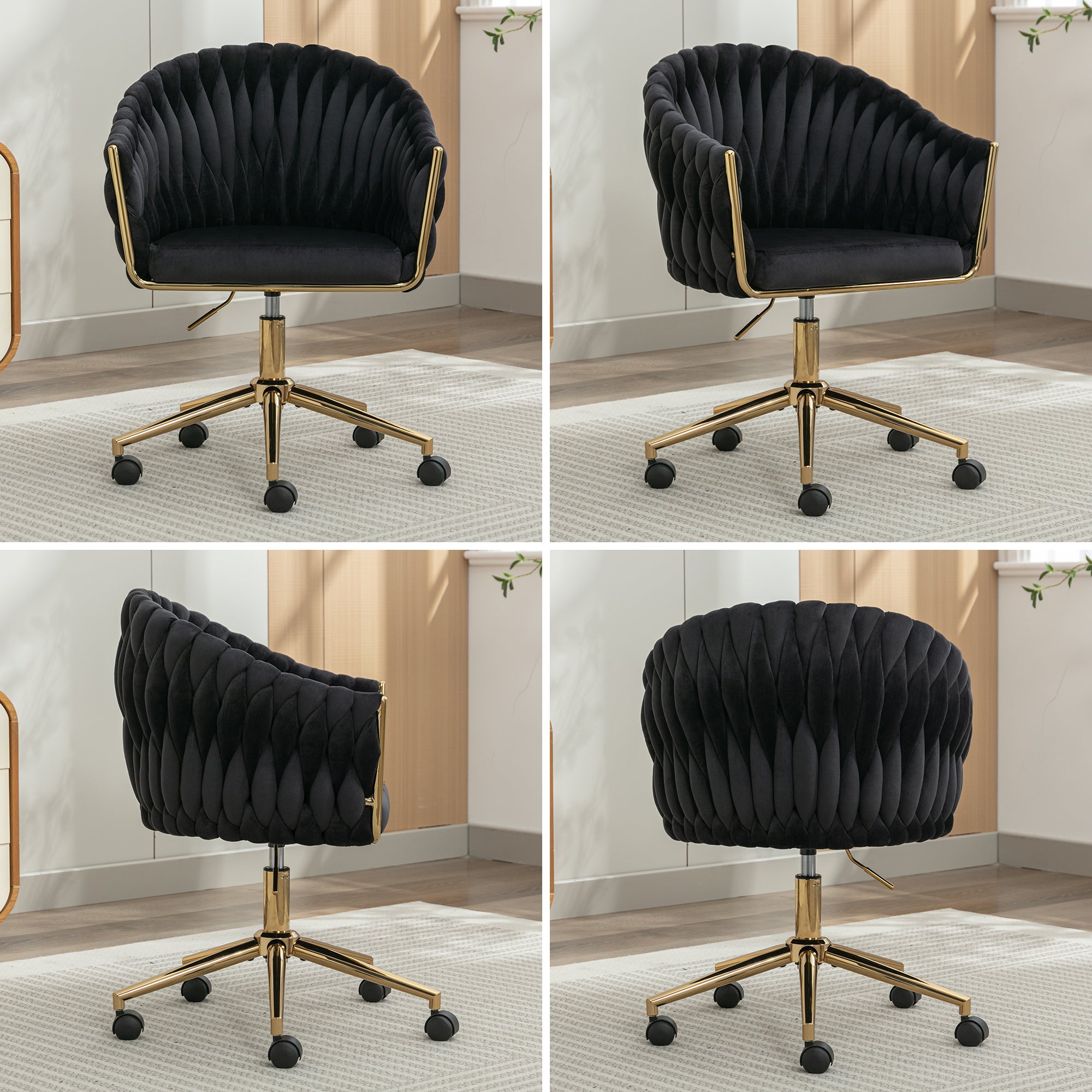 Modern Home Office Leisure Chair with Adjustable Velvet Height and Adjustable Casters - Black