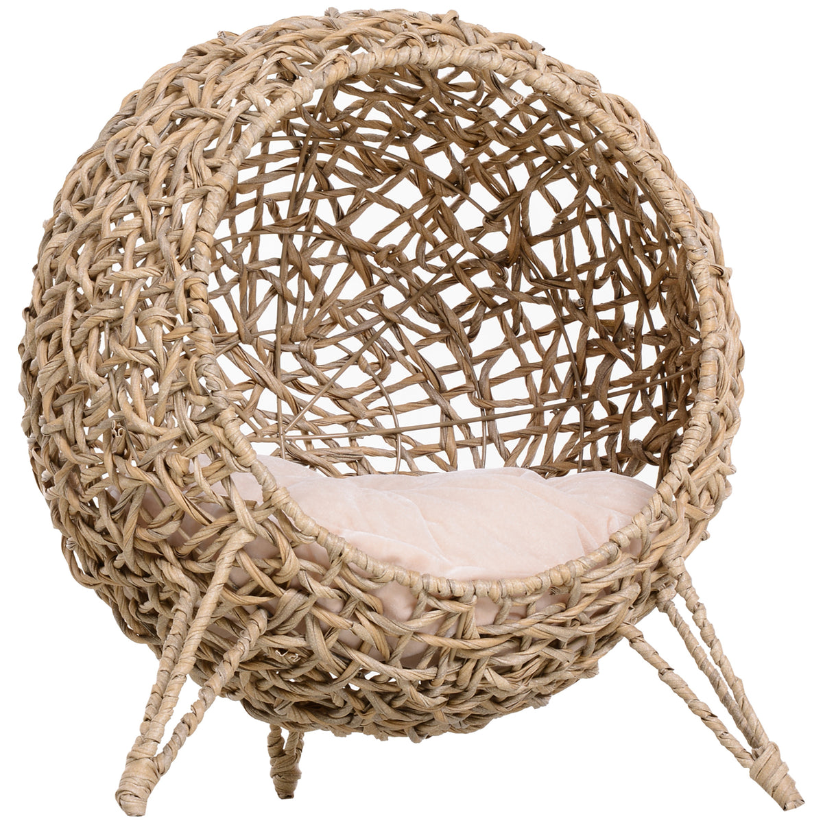 PawHut 20.5" Weaved Cat Bed, Elevated Hand-woven Braided Banana Leaf Kitten House Condo with Cushion - Beige