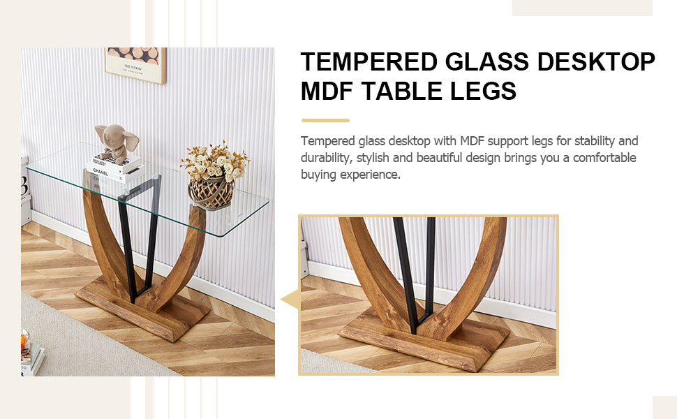 Modern Minimalist Rectangular Glass Table with tempered glass top and MDF wood grain sticker legs