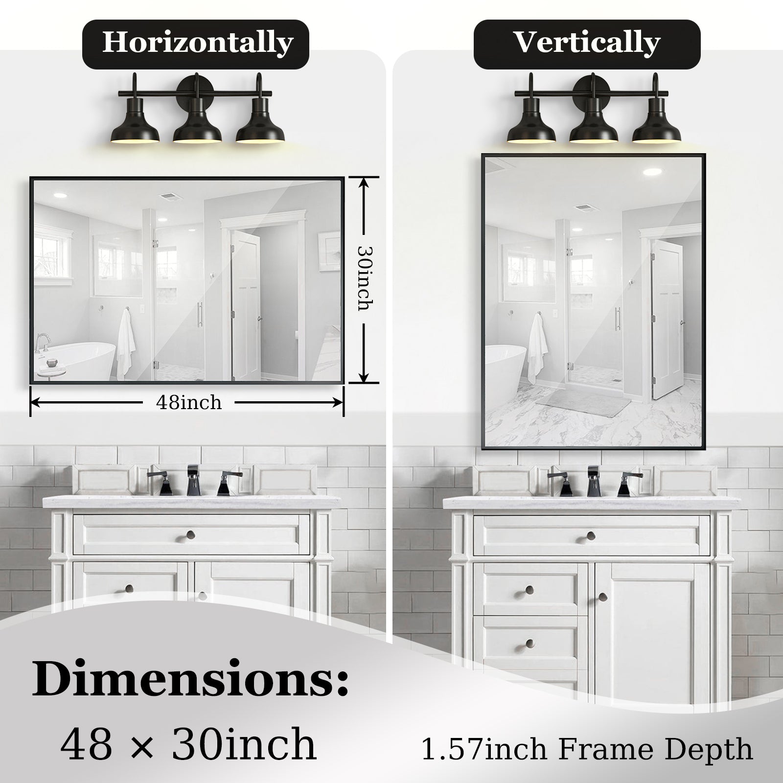 Glossy Black Bathroom Wall Mirrors 48x30inch (Horizontal & Vertical)