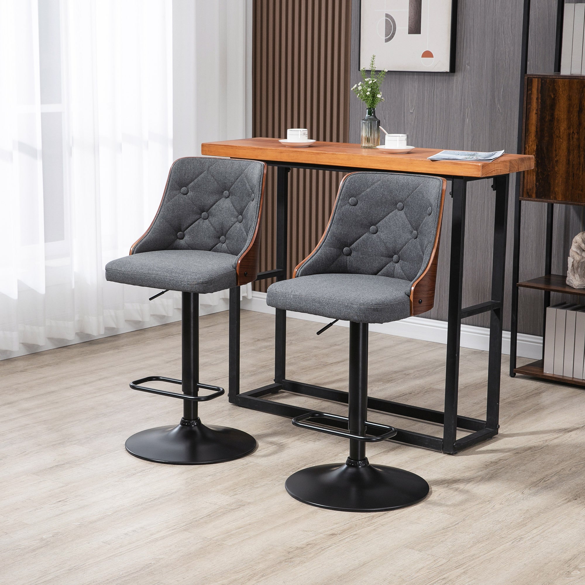 Set of 2 Counter Height Bar Stools, Height Adjustable Swivel Barstools with Footrest and Tufted Back, Linen Fabric Bar Chairs, Dark Grey