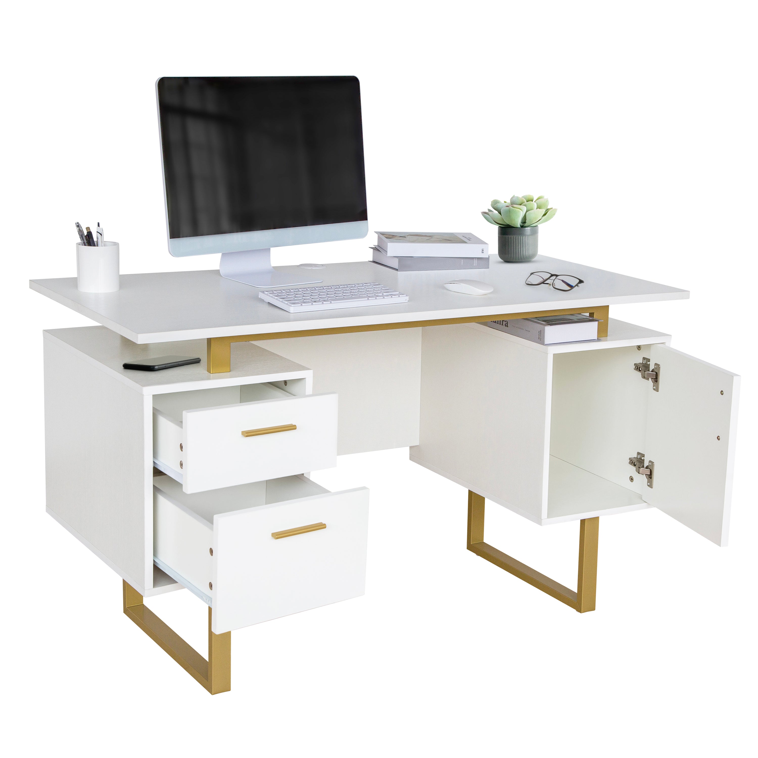 Techni White and Gold Desk for Office with Drawers & Storage, 51.25 in. W