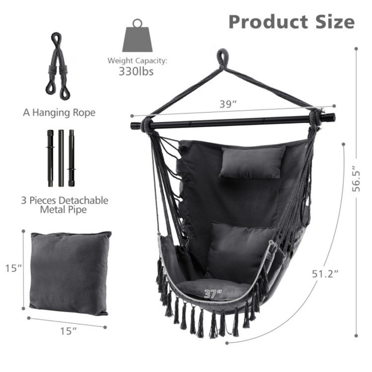 Hanging Rope Swing Chair with Soft Pillow and Cushions - Black