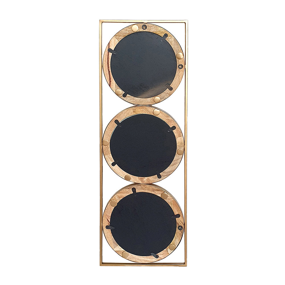 3 Mirror Piece Wall Mirror in Gold Rectangular Frame 40"x14" - Wood+Glass