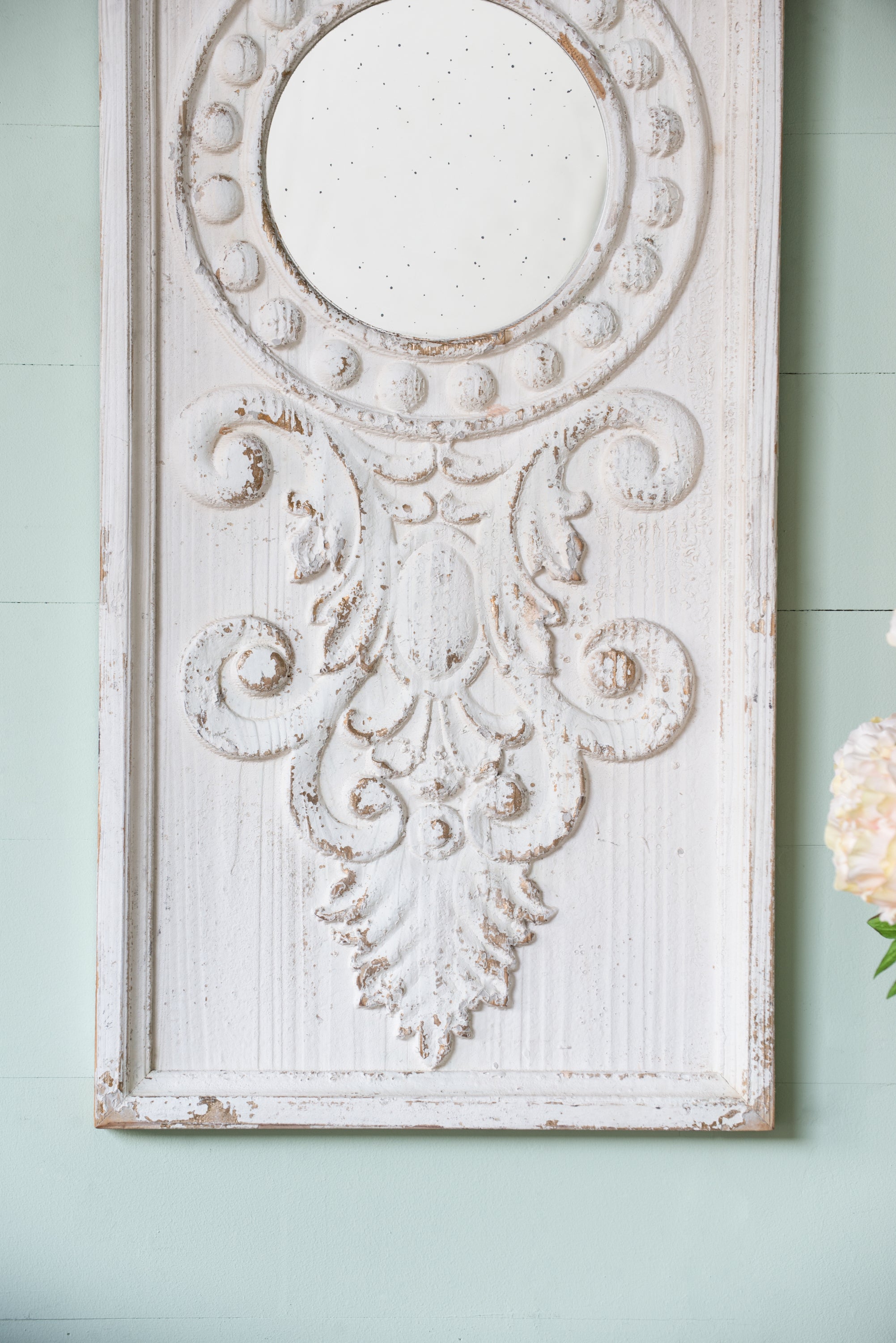 Set of 2 Large Wooden Wall Art Panels with Distressed White Finish and Round Mirror Accents, 17"x48"