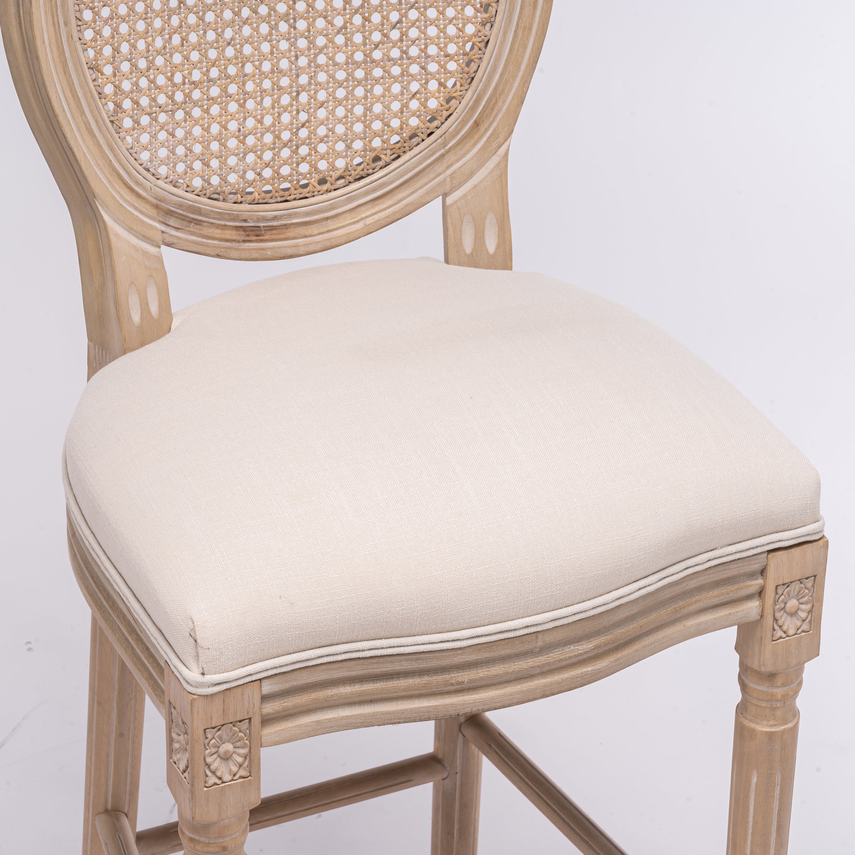 Set of 2 French Country Wooden Barstools Rattan Back With Upholstered Seating - Beige and Natural