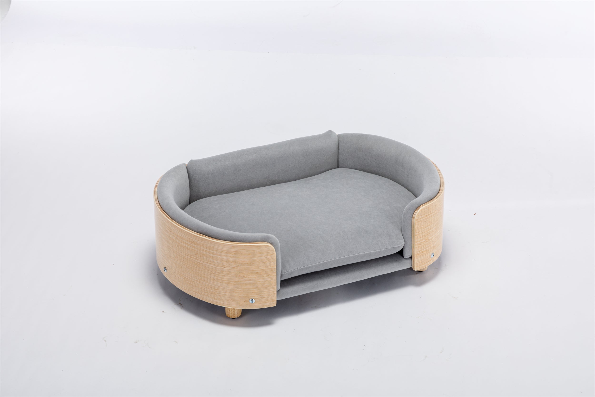 Scandinavian style Elevated Dog Bed Pet Sofa With Solid Wood legs and Bent Wood Back, Velvet Cushion,Mid Size Light Grey