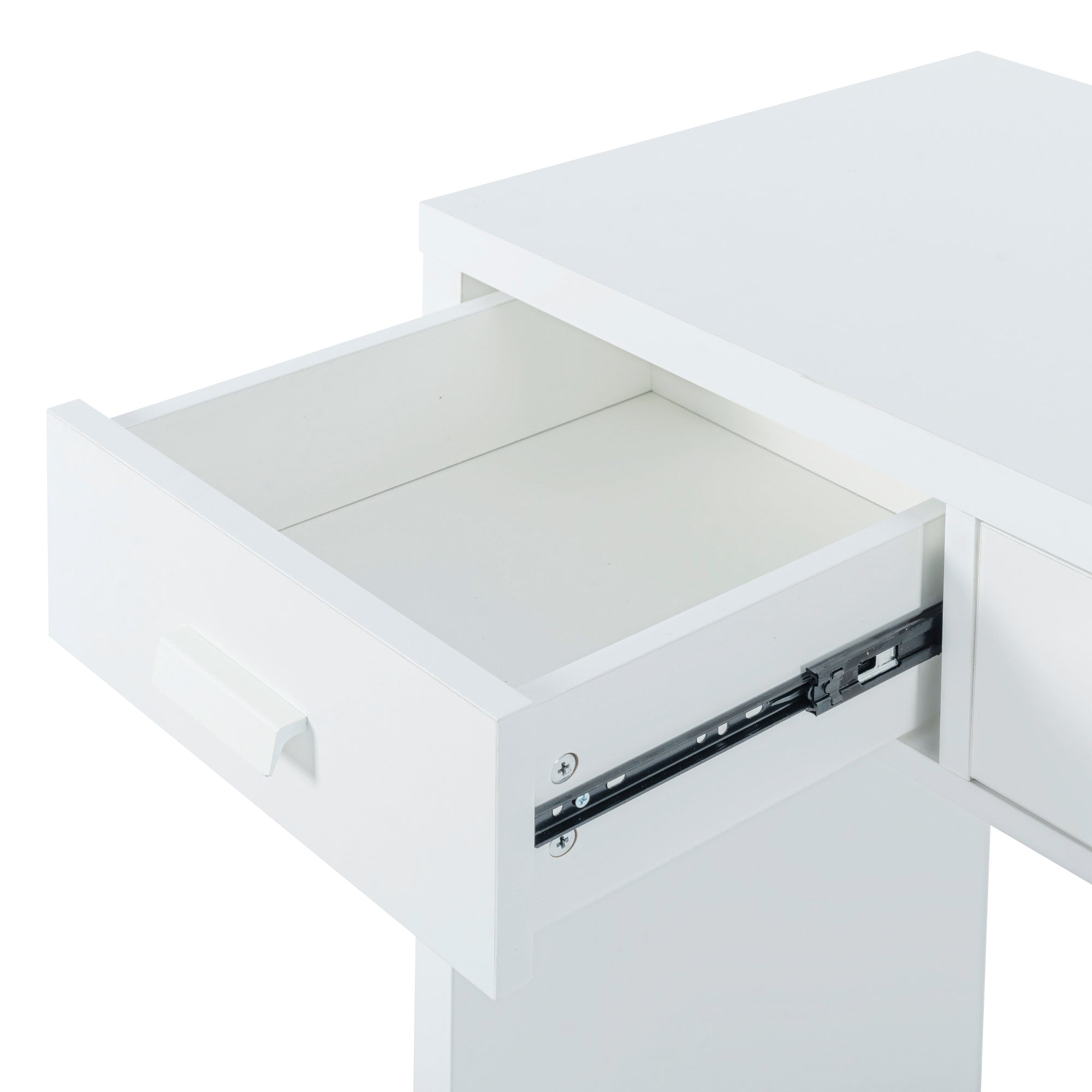 Modern Minimalist Console Table with Open Tabletop and Four Drawers with Metal Handles - White