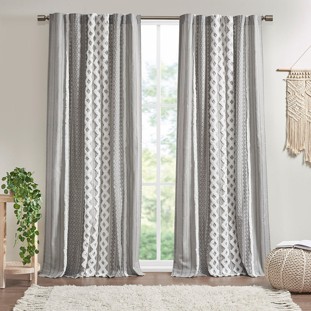 Cotton Printed Curtain Panel with Chenille Stripe and Lining - Gray