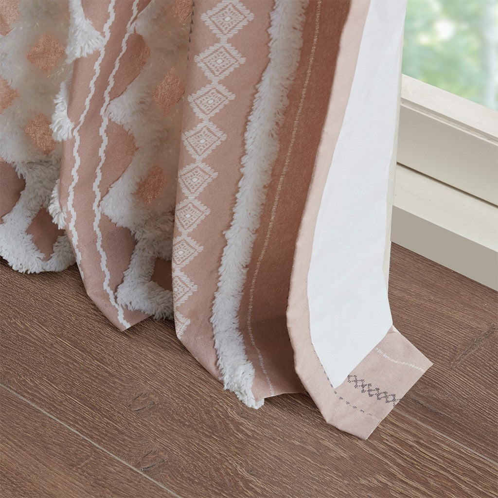 Cotton Printed Curtain Panel with Chenille Stripe and Lining - Blush Beige