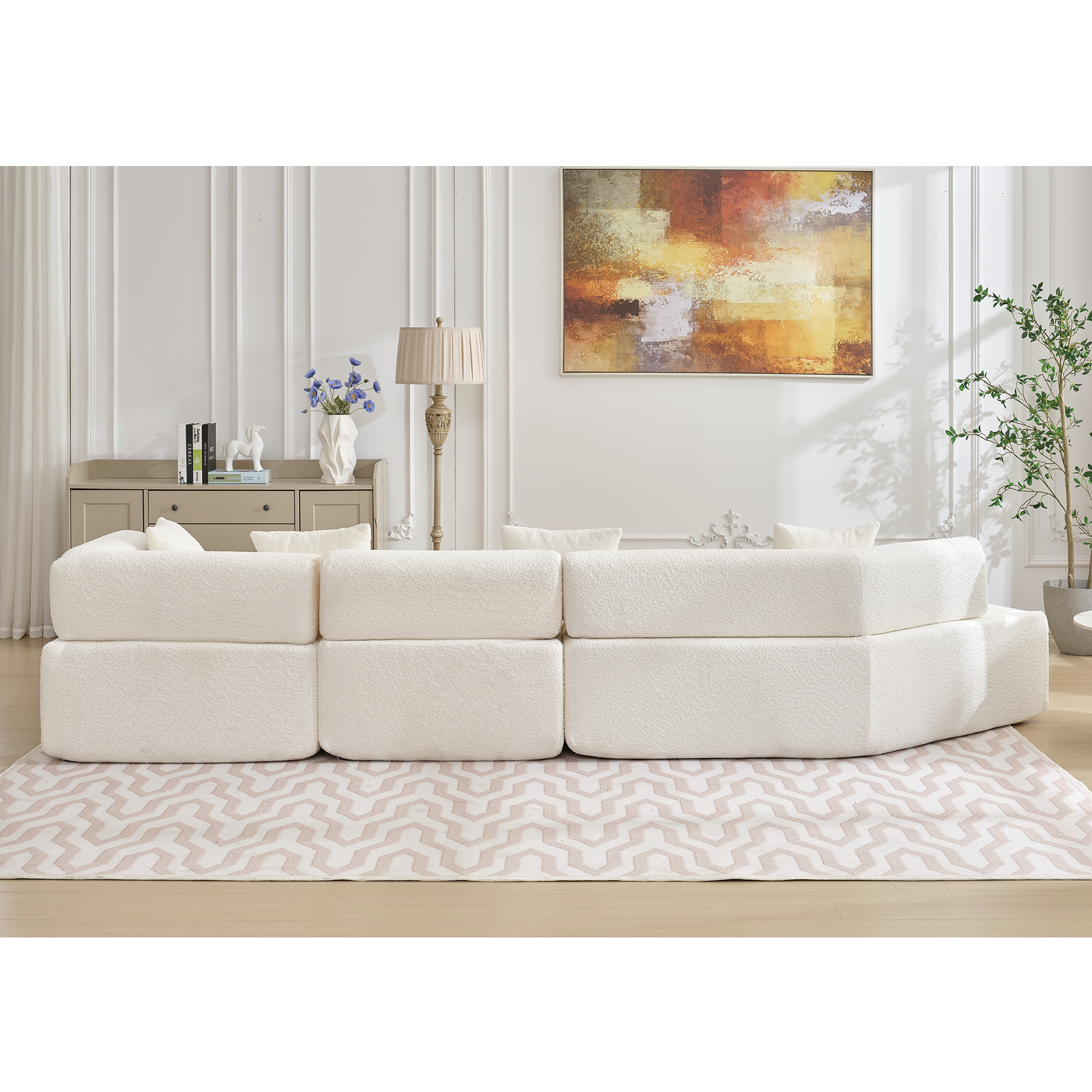 Modern Minimalist 140" L-Shape Couch, No Assembly Required - Boucle-White