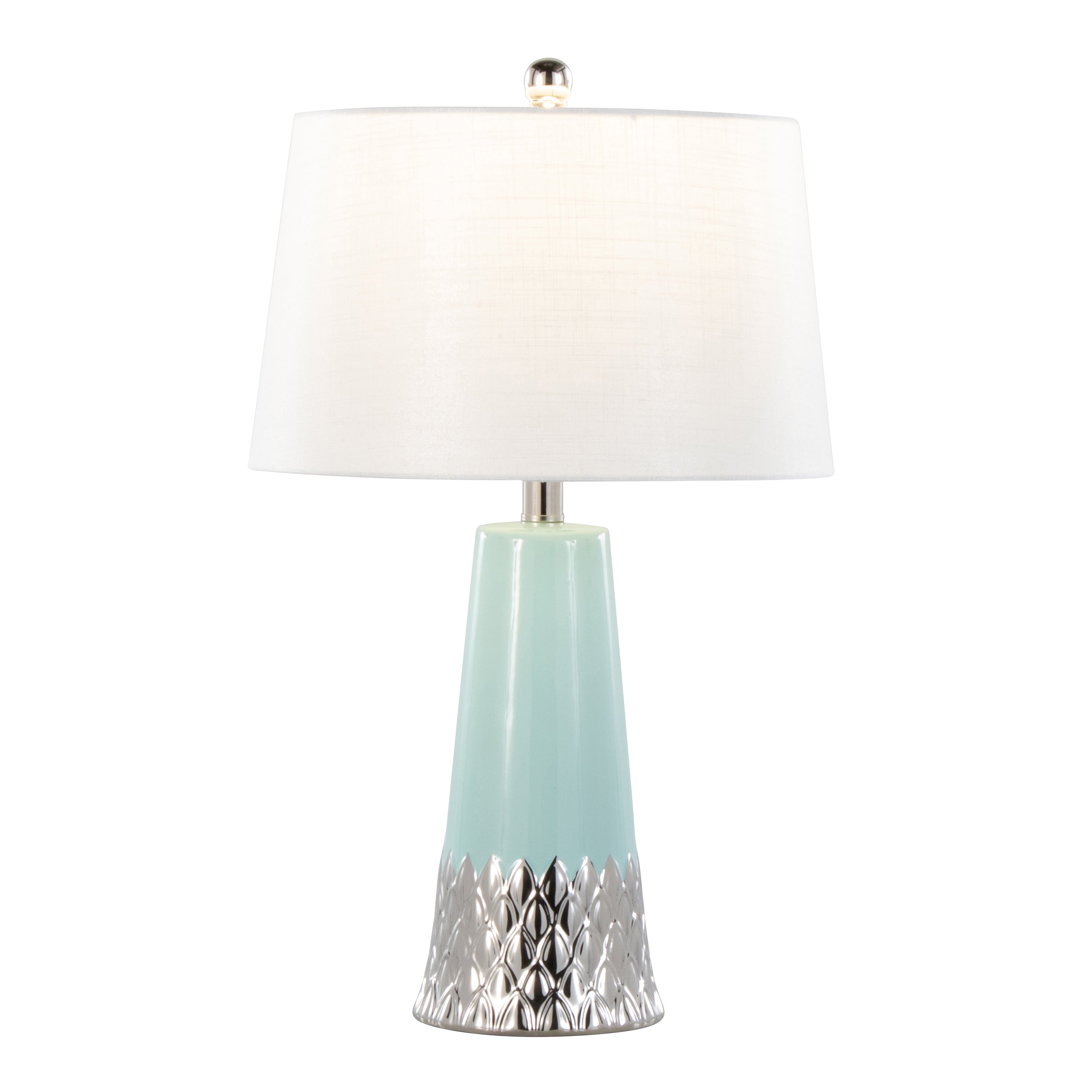 22" Contemporary Table Lamp with Tiffany Blue & Silver Ceramic Body and White Shade