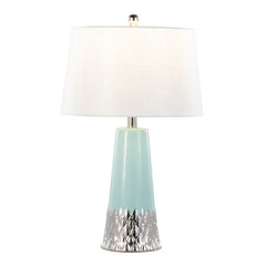 22" Contemporary Table Lamp with Tiffany Blue & Silver Ceramic Body and White Shade