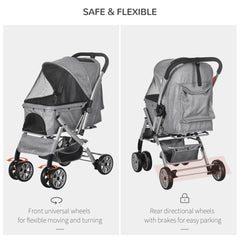 PawHut Travel Pet Stroller for Dogs, Cats, One-Click Fold Jogger Pushchair with Swivel Wheels, Braket, Basket Storage, Safety Belts, Adjustable Canopy, Zippered Mesh Window Door, Grey