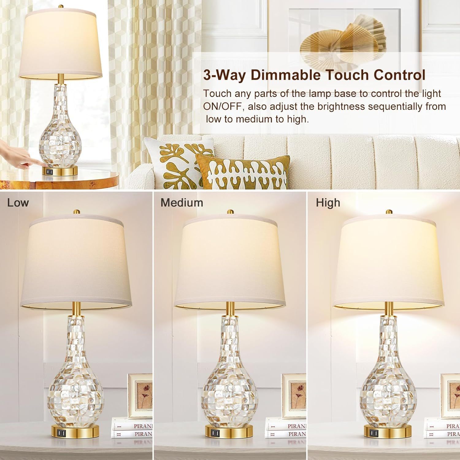 Set of 2 Gold Shell Pearl Tile Table Lamp, Modern Coastal Style Bedside Table Lamp With USB Port, 3-Way Touch Control Included (2700K LED Bulb)