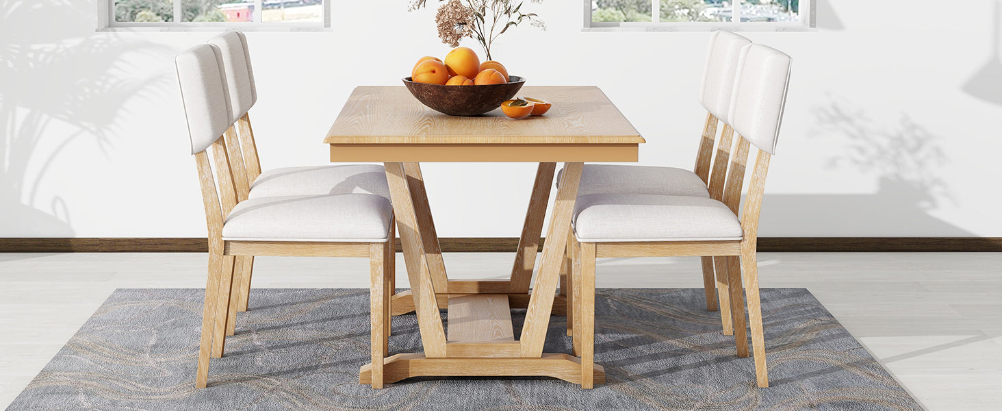 Rustic 5-piece Dining Table Set with 4 Upholstered Chairs - Natural