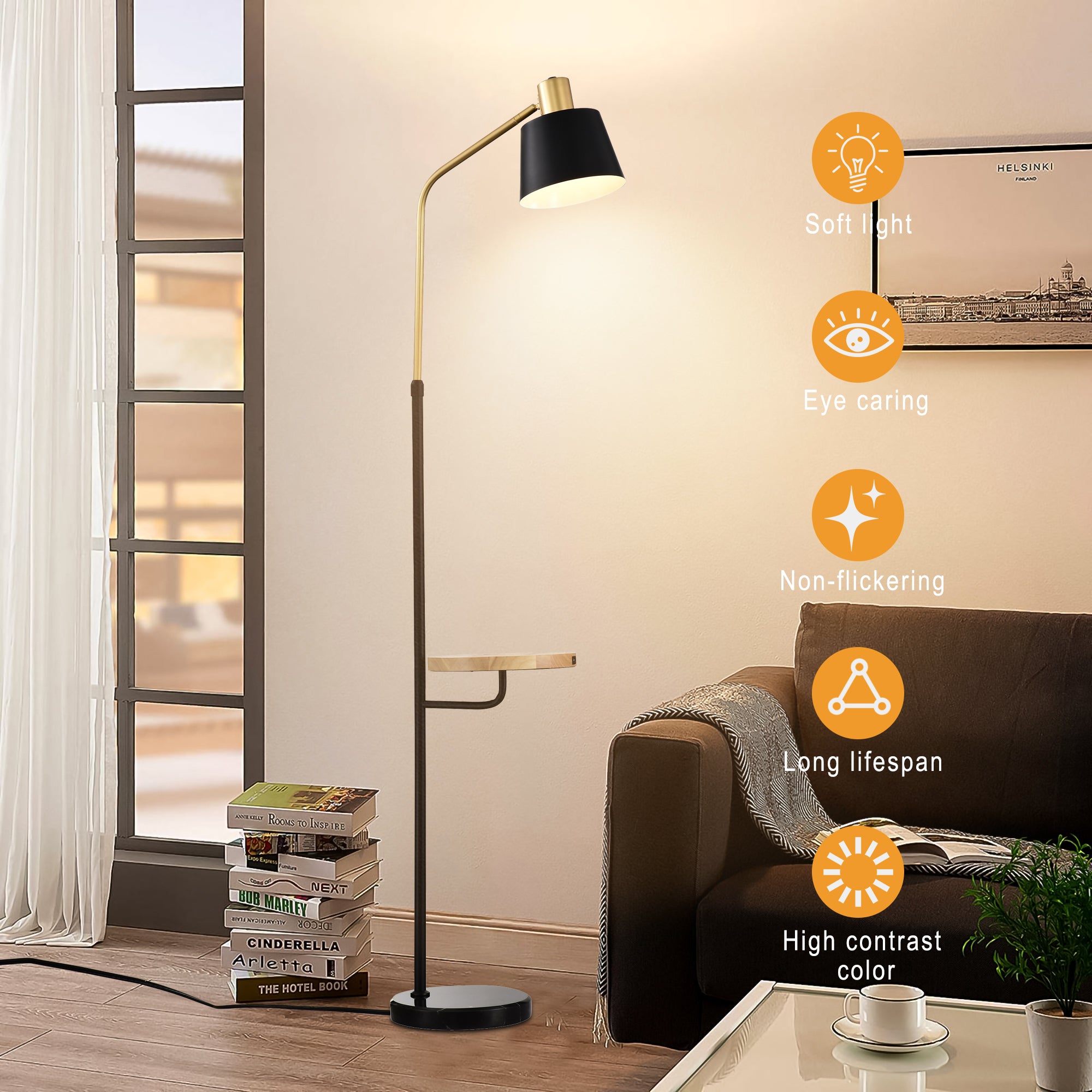 Real Marble Floor Lamp with Wood Bedside Nightstand End Table and Built-in USB Charging Port - Matte Gold + Matte Black