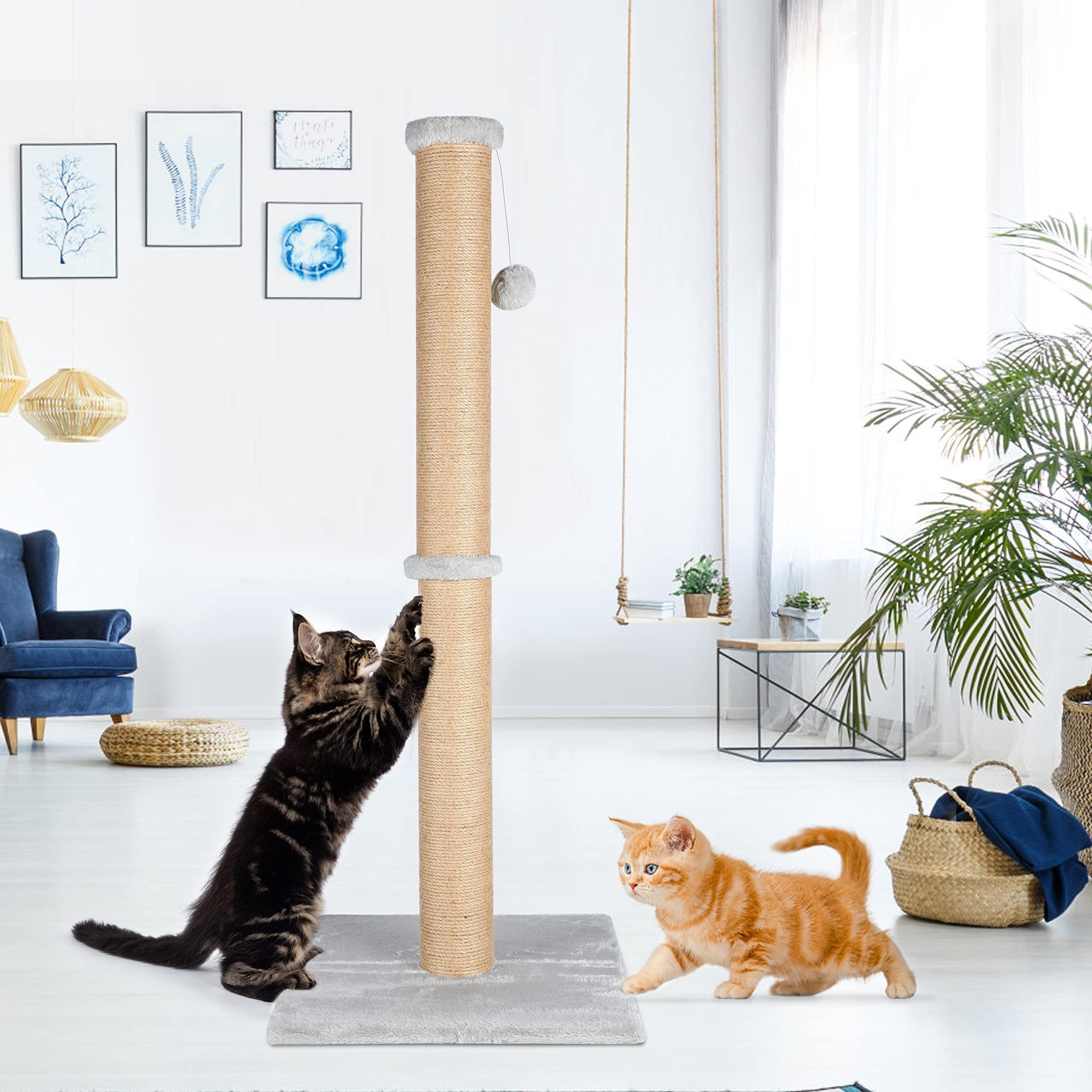 37'' Cat Scratching Post, Natural Sisal Rope Scratcher with Dangling Teaser Ball and Covered with Soft Plush for Kittens and Adult Cats, Sand Color