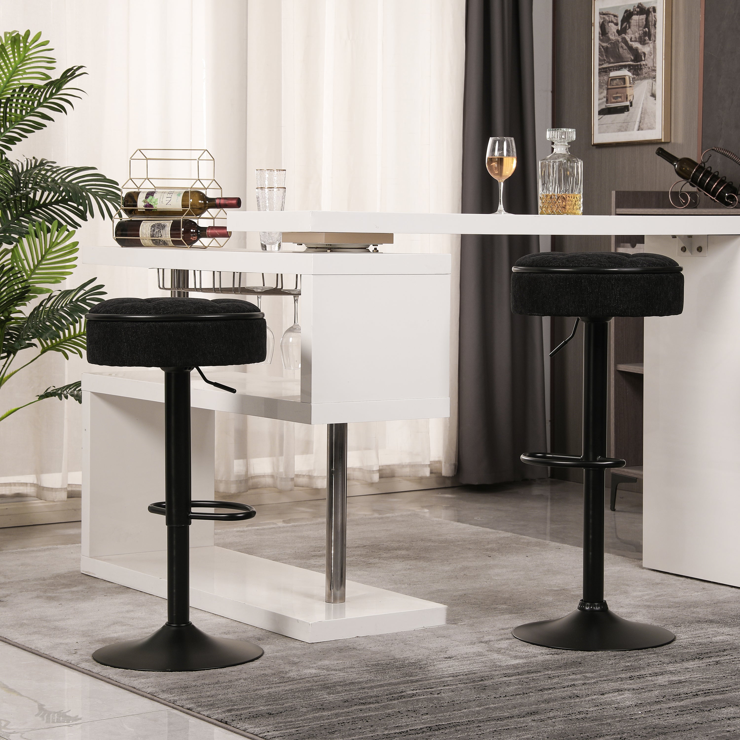 Set of 2 Round Storage Bar Stool Black Linen Height Adjustable Barstool, 360°Counter Height Swivel