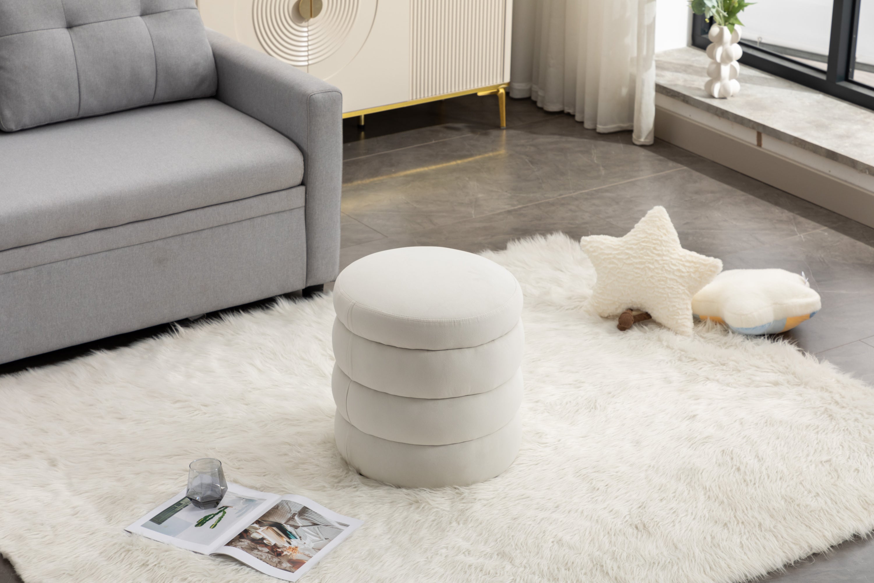 Soft Velvet  Round Ottoman Footrest Stool