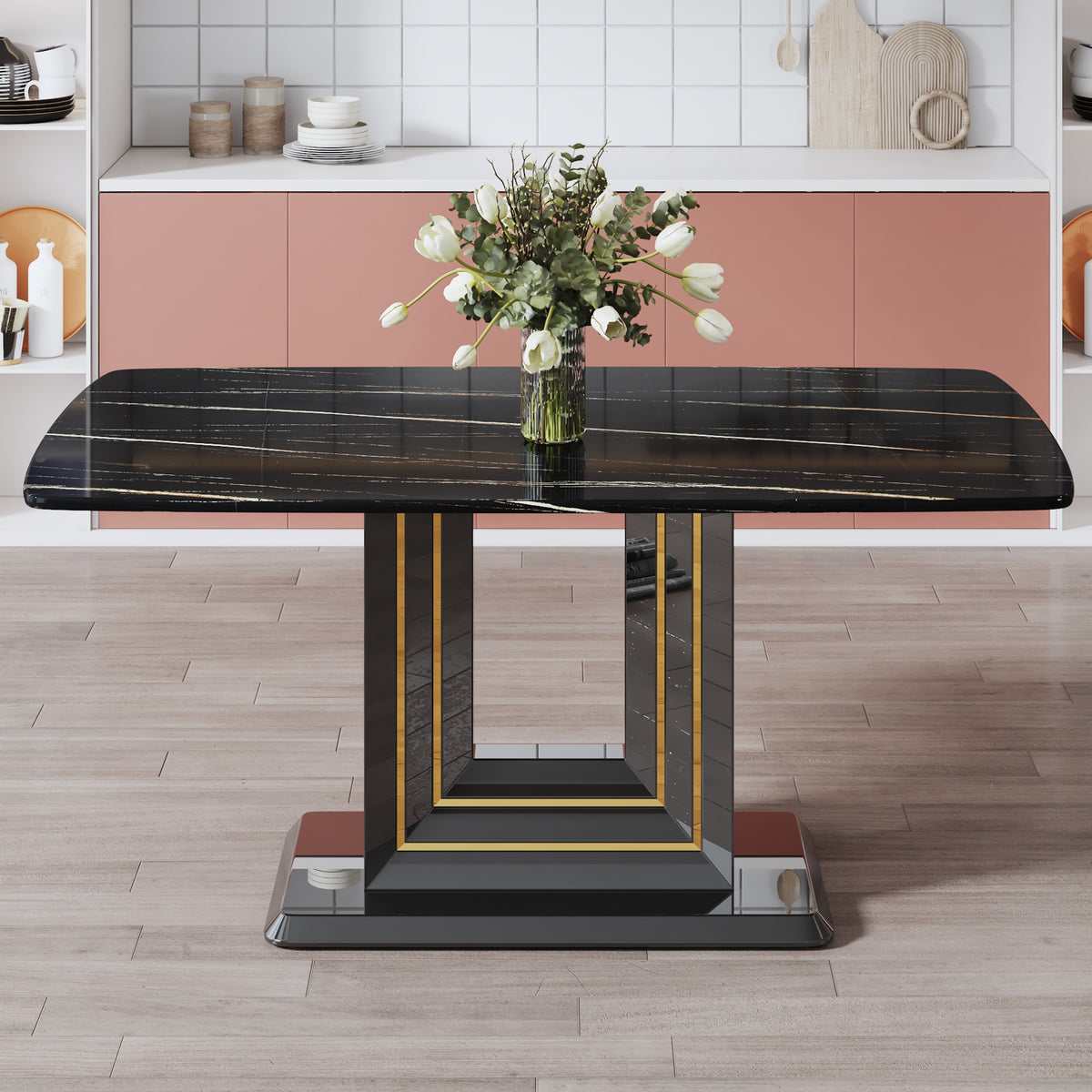 Modern Dining Table with Gold Lines and Black Base