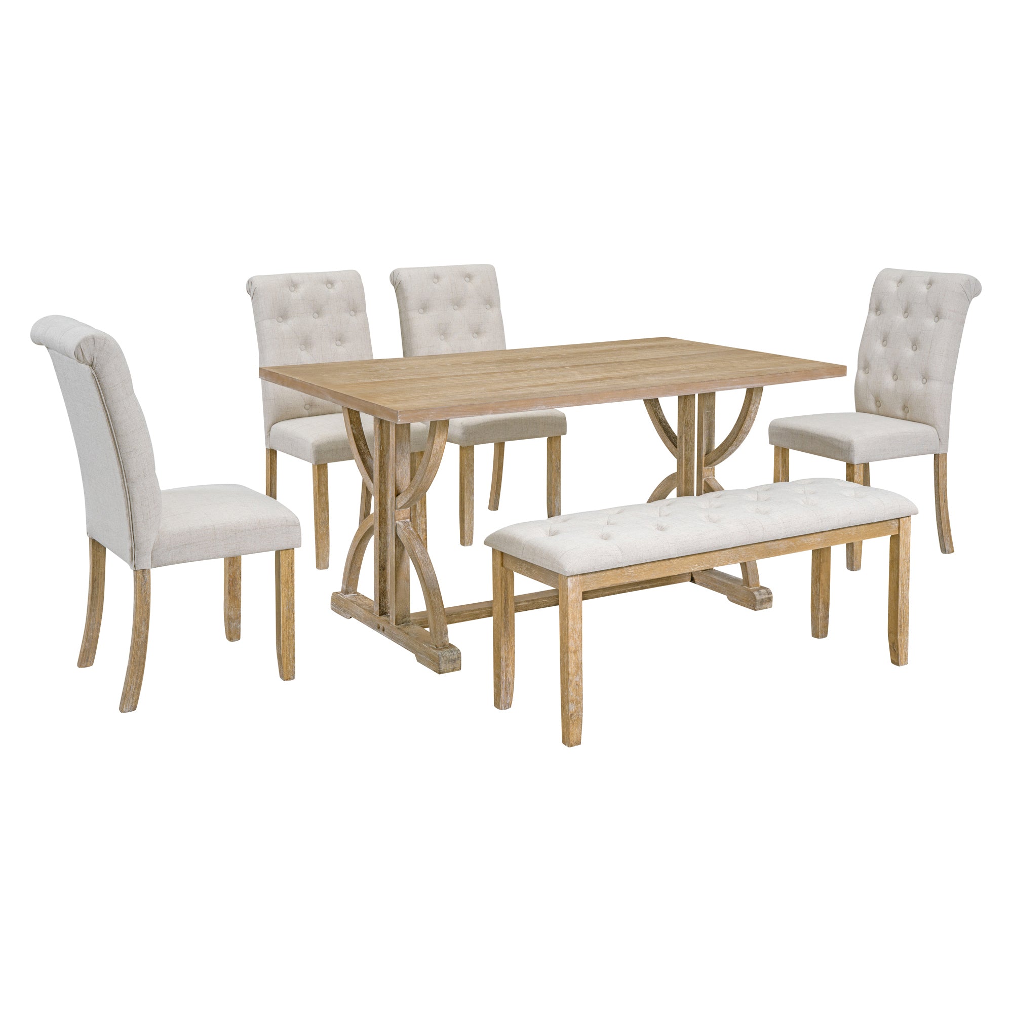 6-Piece Retro Rectangular Dining Table Set, Table with Unique Legs and 4 Upholstered Chairs & 1 Bench - Natural Wood Wash