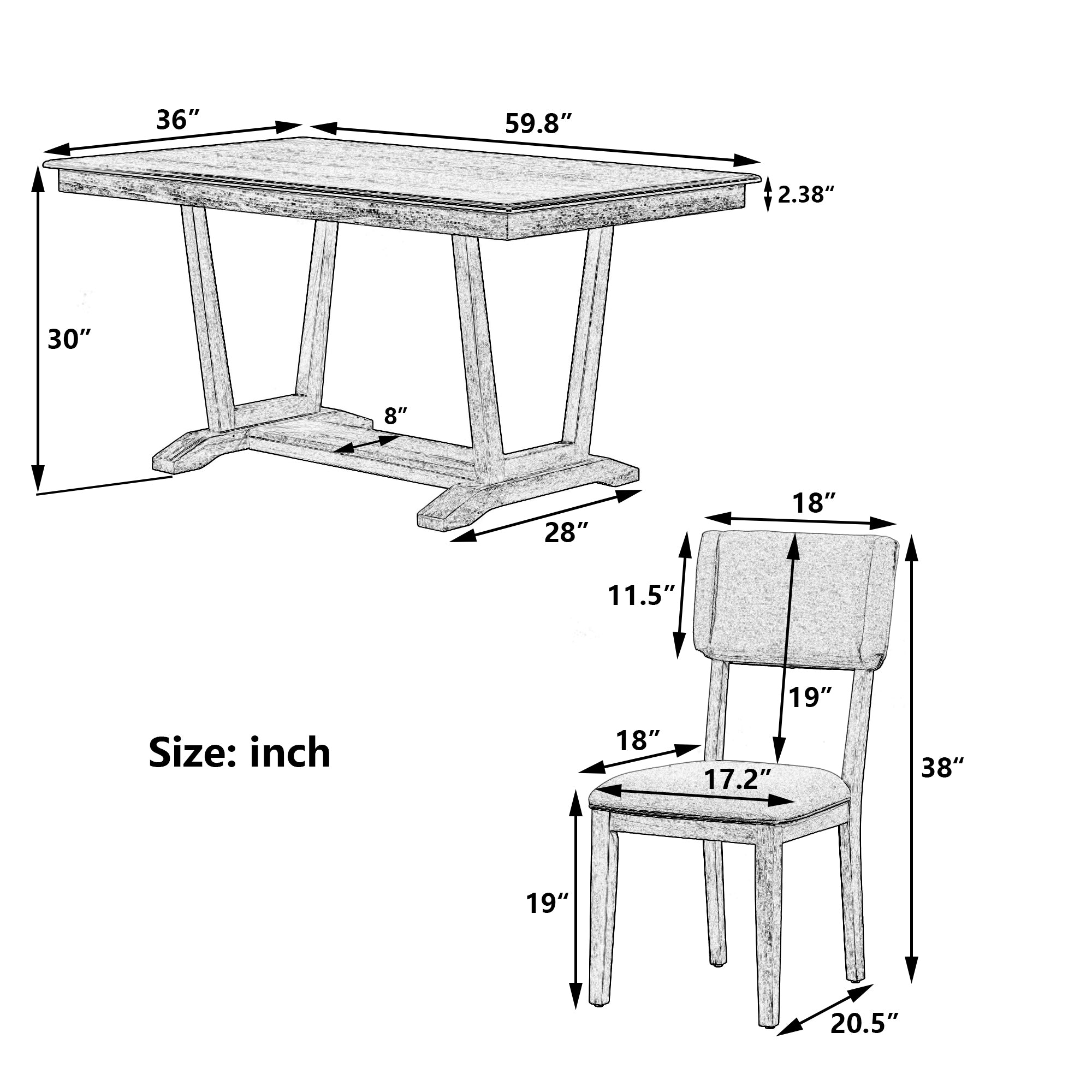 Rustic 5-piece Dining Table Set with 4 Upholstered Chairs - Walnut