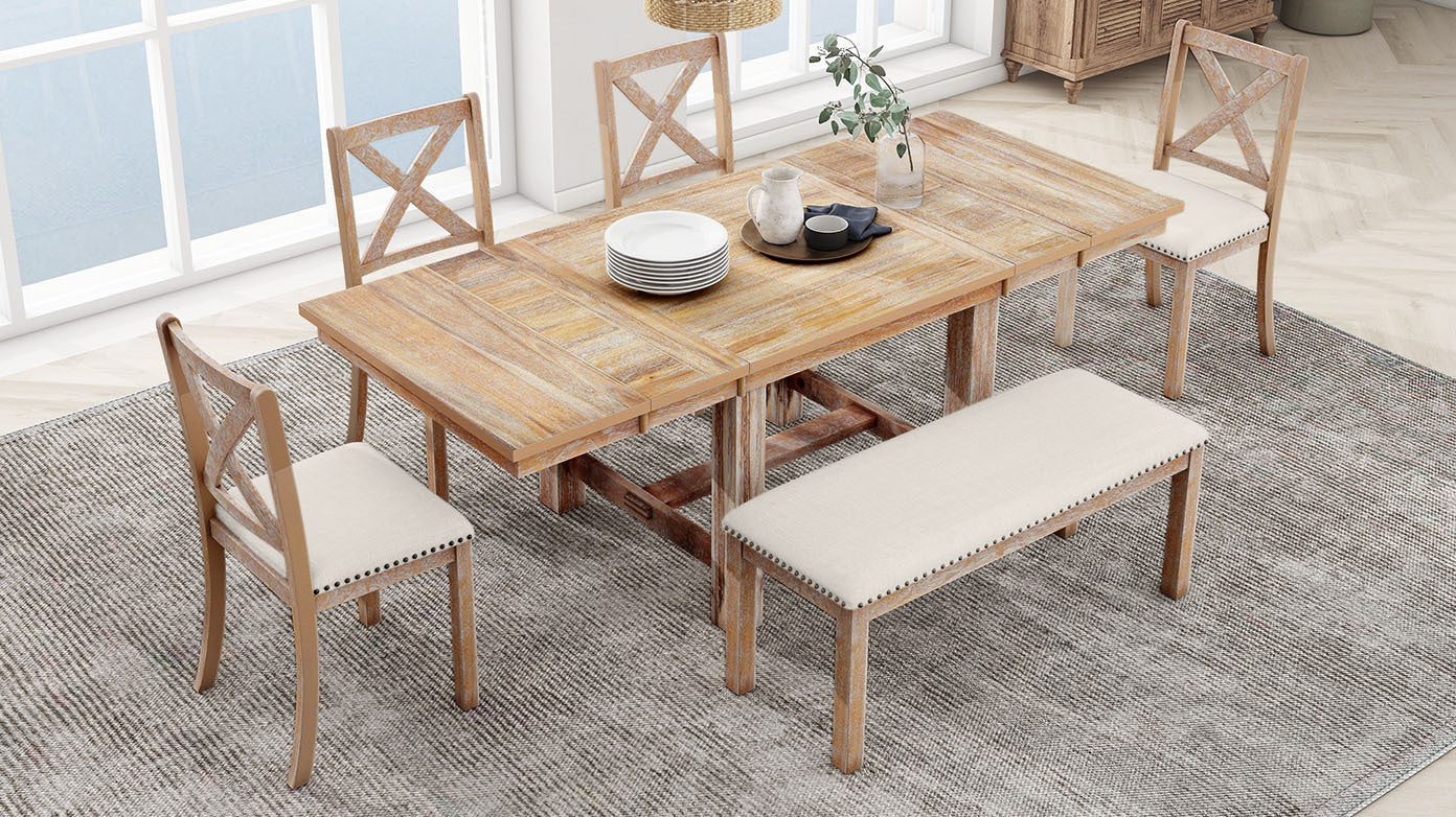 Farmhouse 6-Piece Extendable Dining Table with Footrest, 4 Upholstered Dining Chairs and Dining Bench - Natural+Beige Cushion